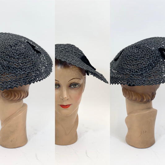 Original 1950’s Beautiful Platter Hat - in Black weave