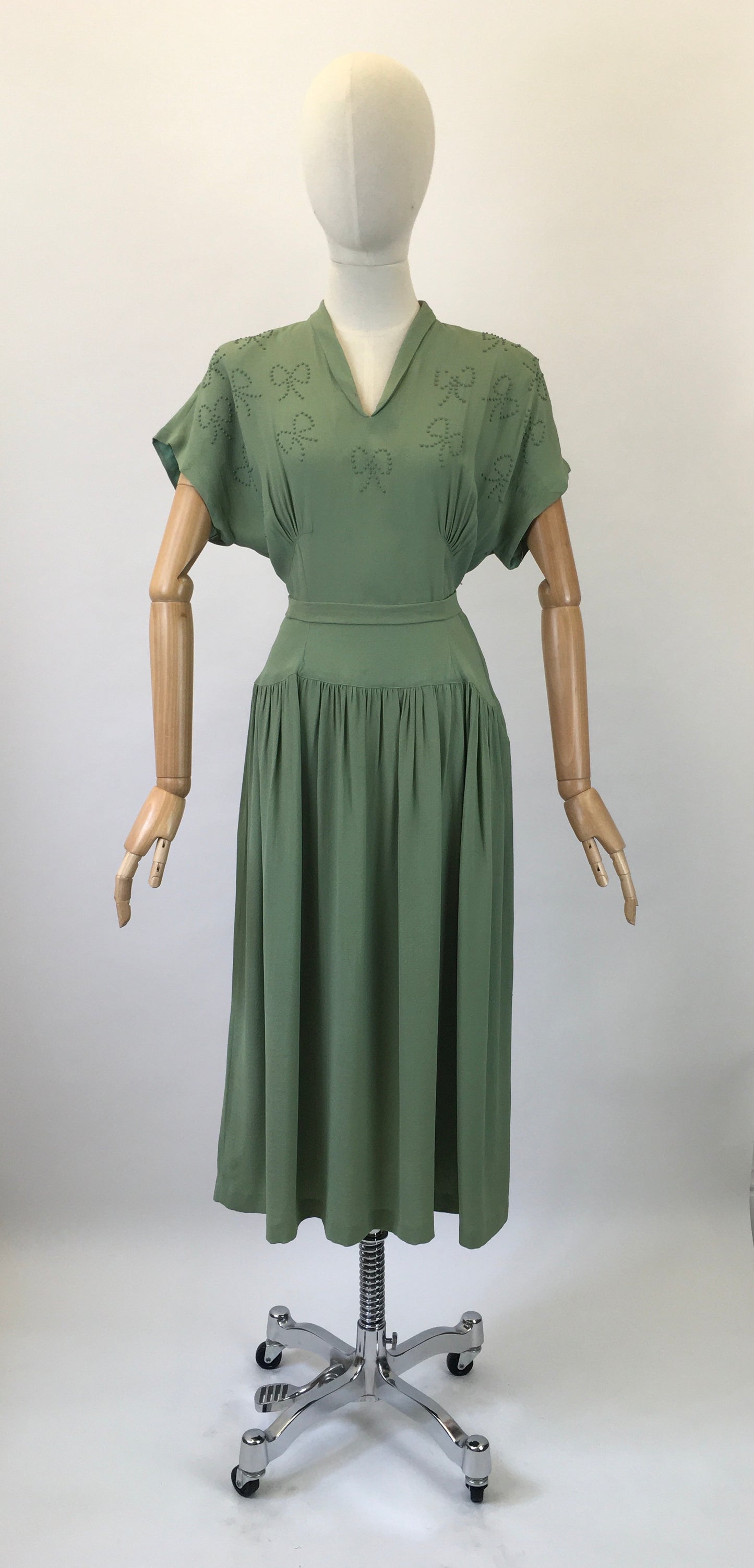 Original 1940s Beautiful Beaded Crepe dress - in a Soft Sage Green  colourway