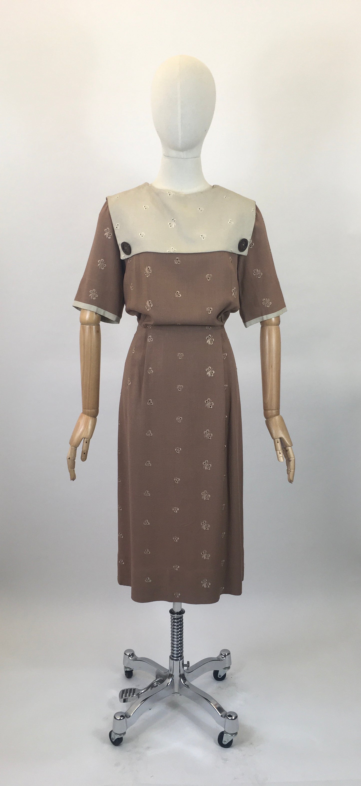 Original early 50’s Broderie Anglaise dress - in a Brown /Fawn colour combination.