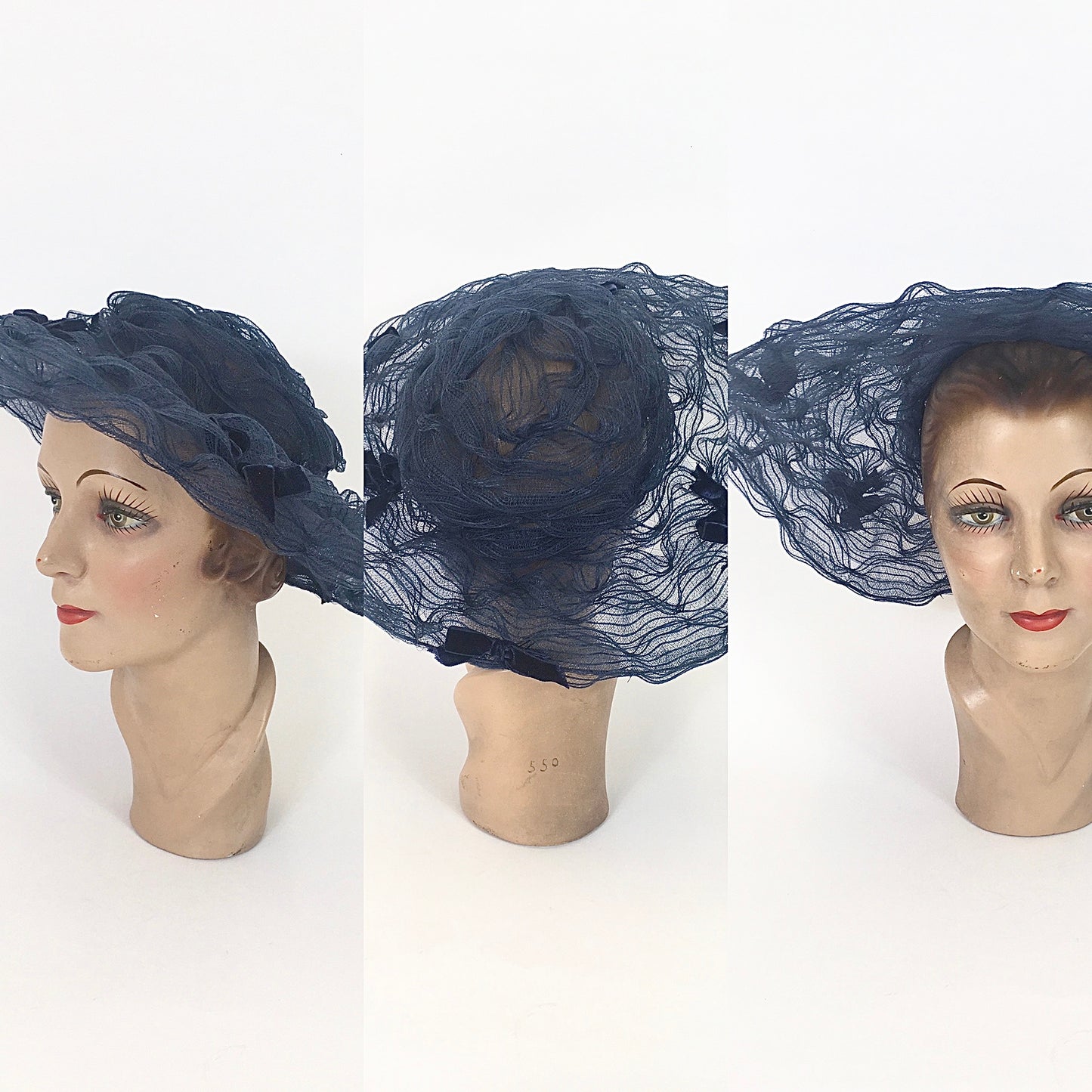 Original Early 1950’s Platter Hat - In A Sheer Navy with Velvet Ribbon Bows