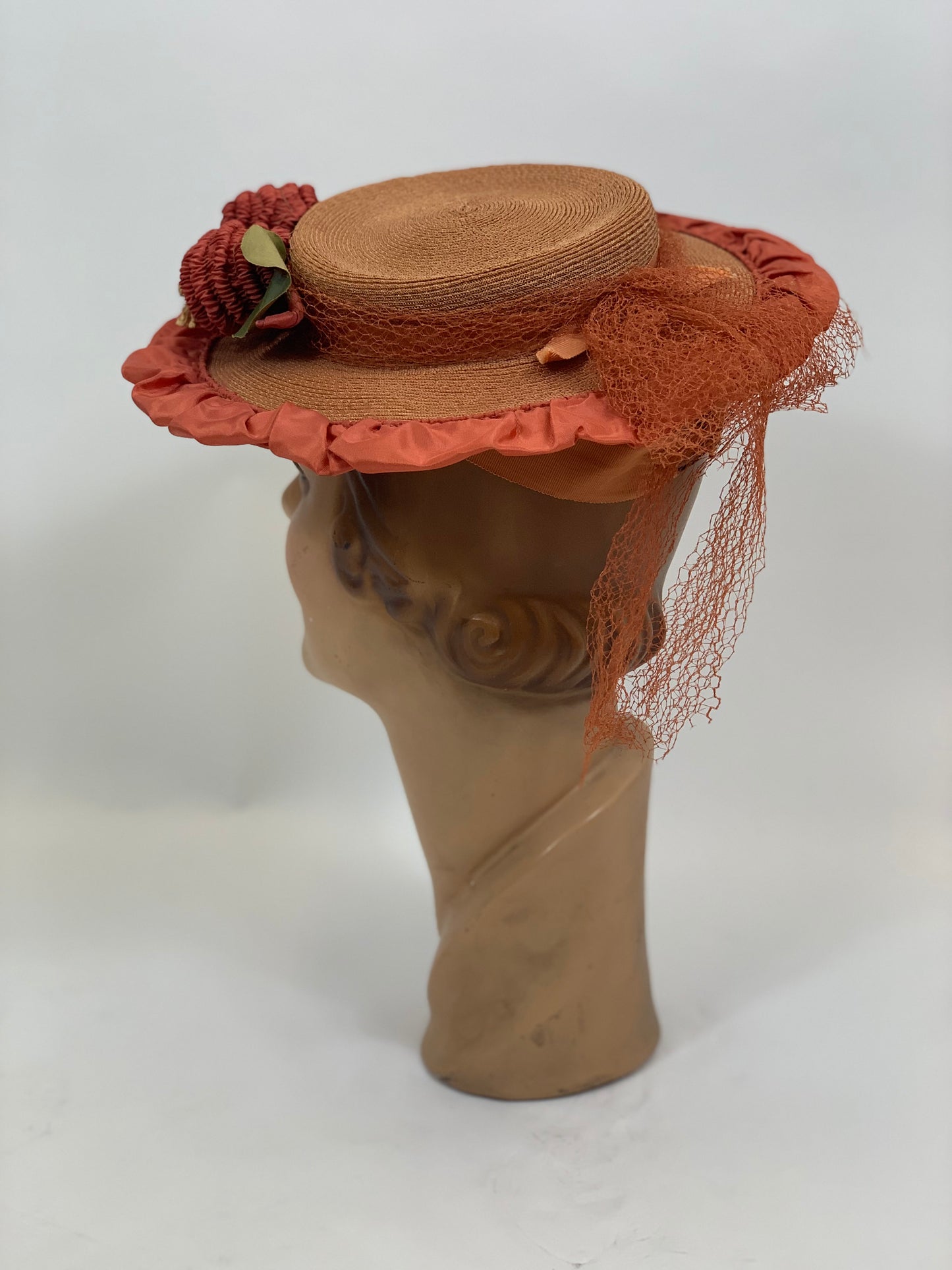 Original Gorgeous 1940’s Fine Natural Straw Hat - edged in Coral