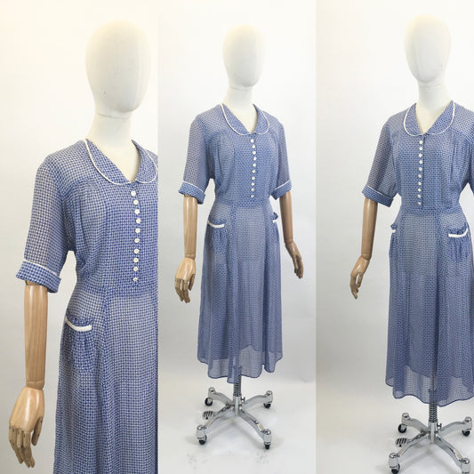 Original Late 30’s / Early 40’s Gorgeous Day dress - in Royal Blue / White gingham