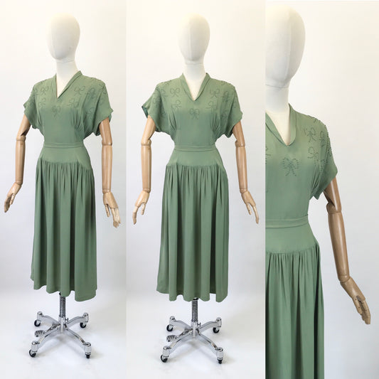 Original 1940s Beautiful Beaded Crepe dress - in a Soft Sage Green  colourway