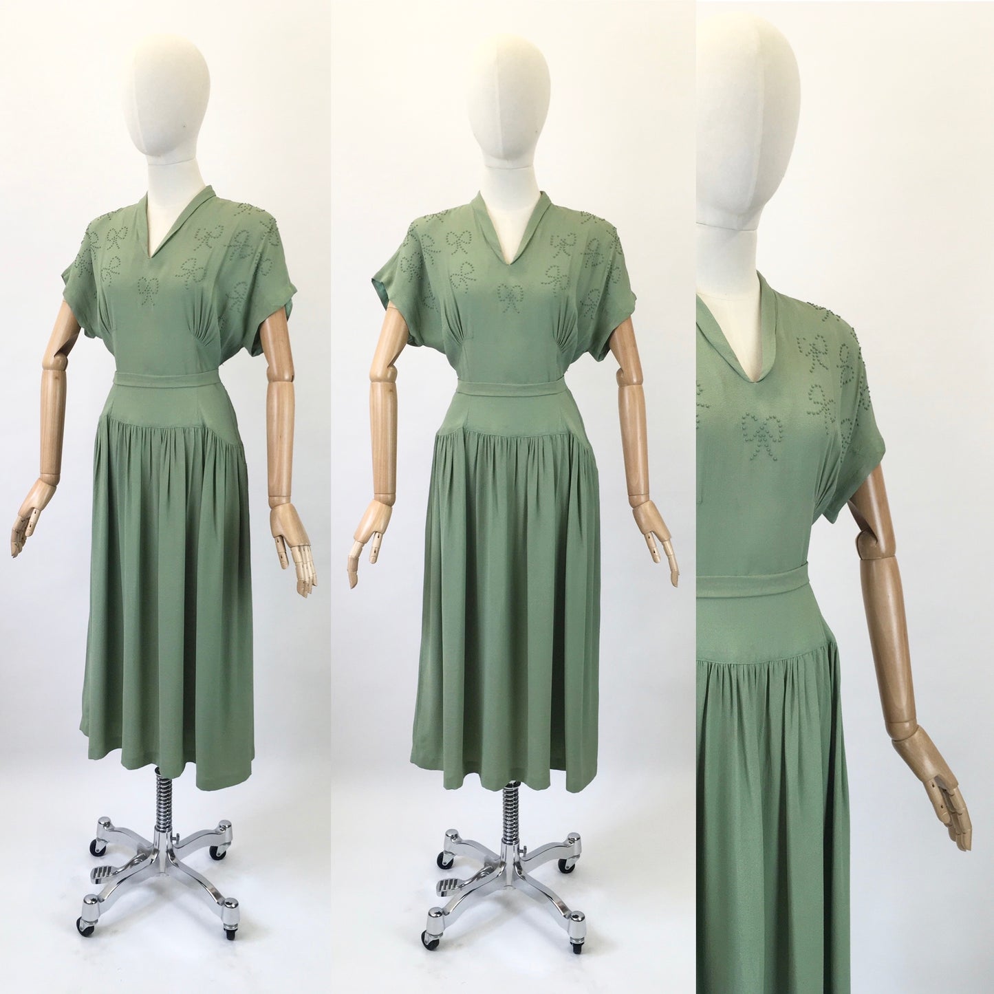 Original 1940s Beautiful Beaded Crepe dress - in a Soft Sage Green  colourway