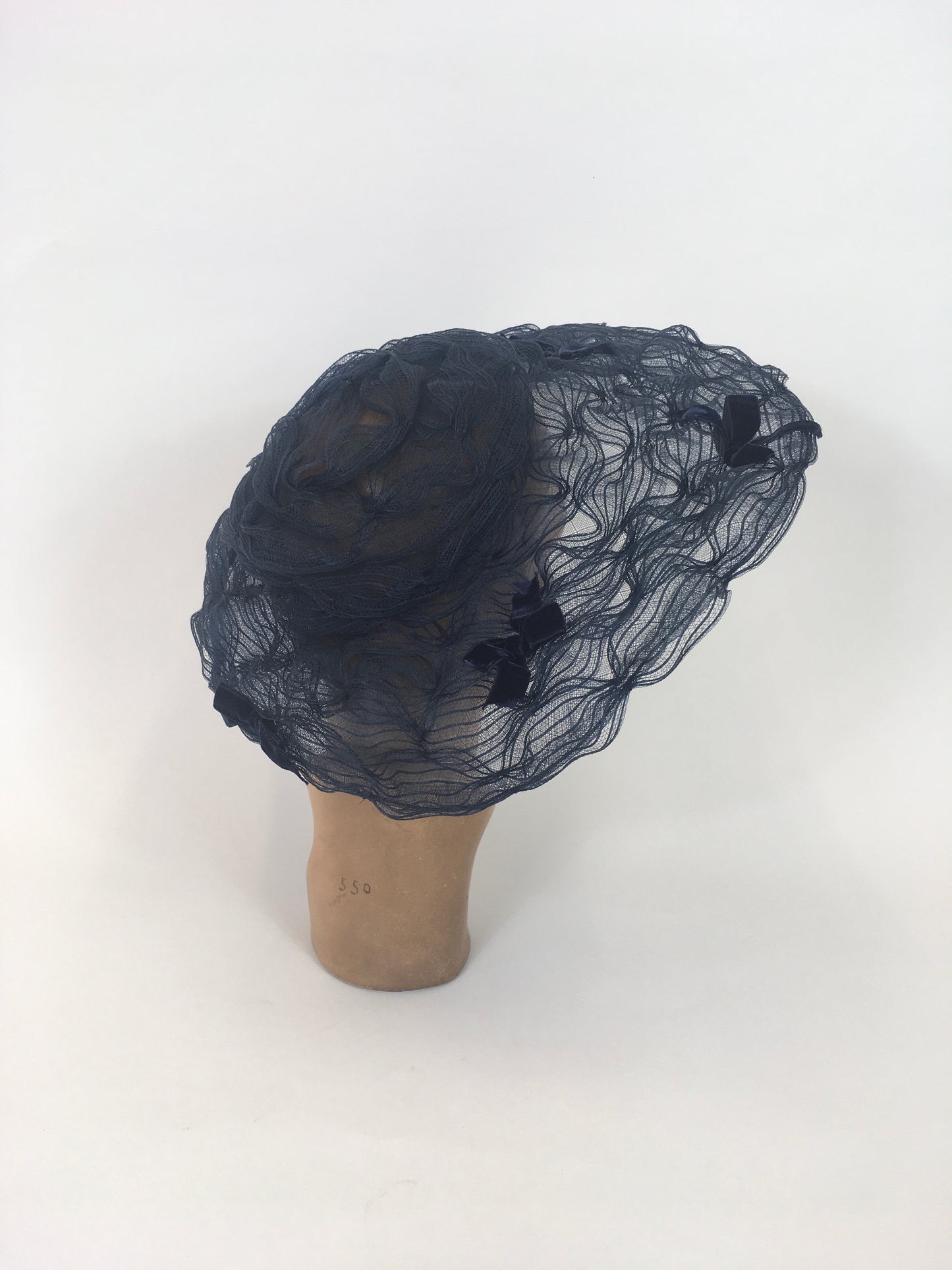 Original Early 1950’s Platter Hat - In A Sheer Navy with Velvet Ribbon Bows