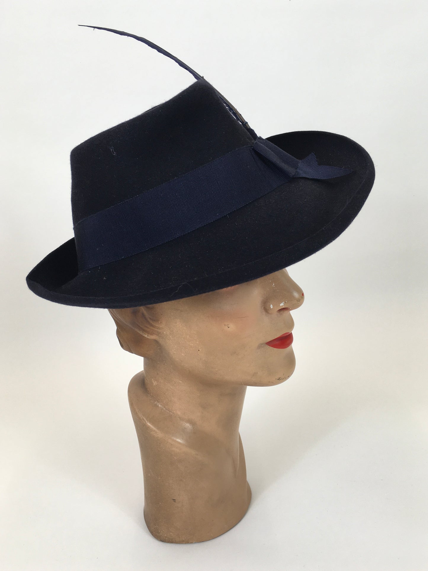 Original late 30's/ Early 40's  Stunning Fedora -  In a Deep Navy Felt with striking Blue Feather