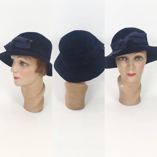 Original Edwardian Sensational Hat with Bow Adornment - In A Rich Blue Plume Velvet