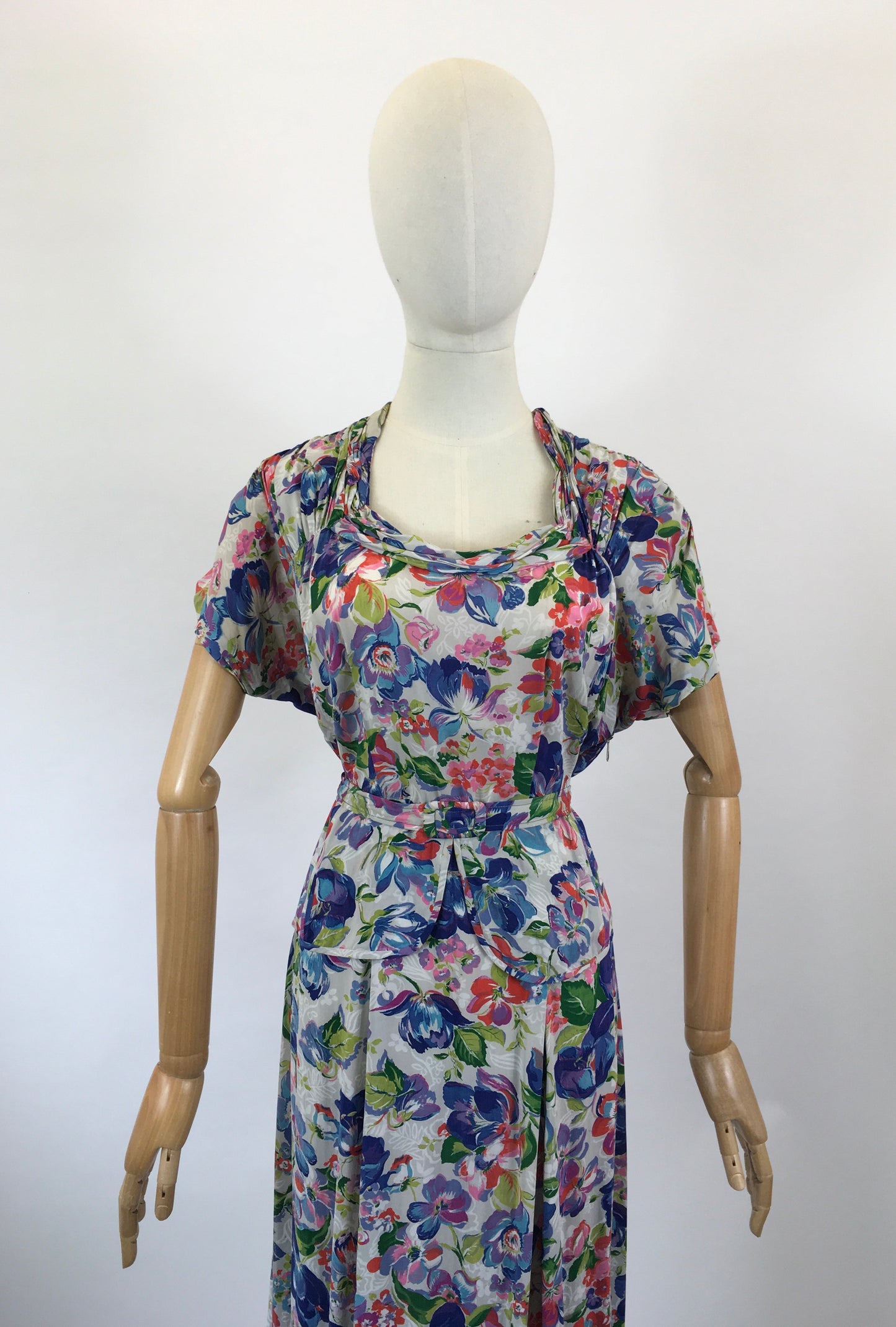 Original 1940’s Beautiful Floral Dress - Multicoloured of Blues, Corals, Fuschia Pink, Mauve and Teal
