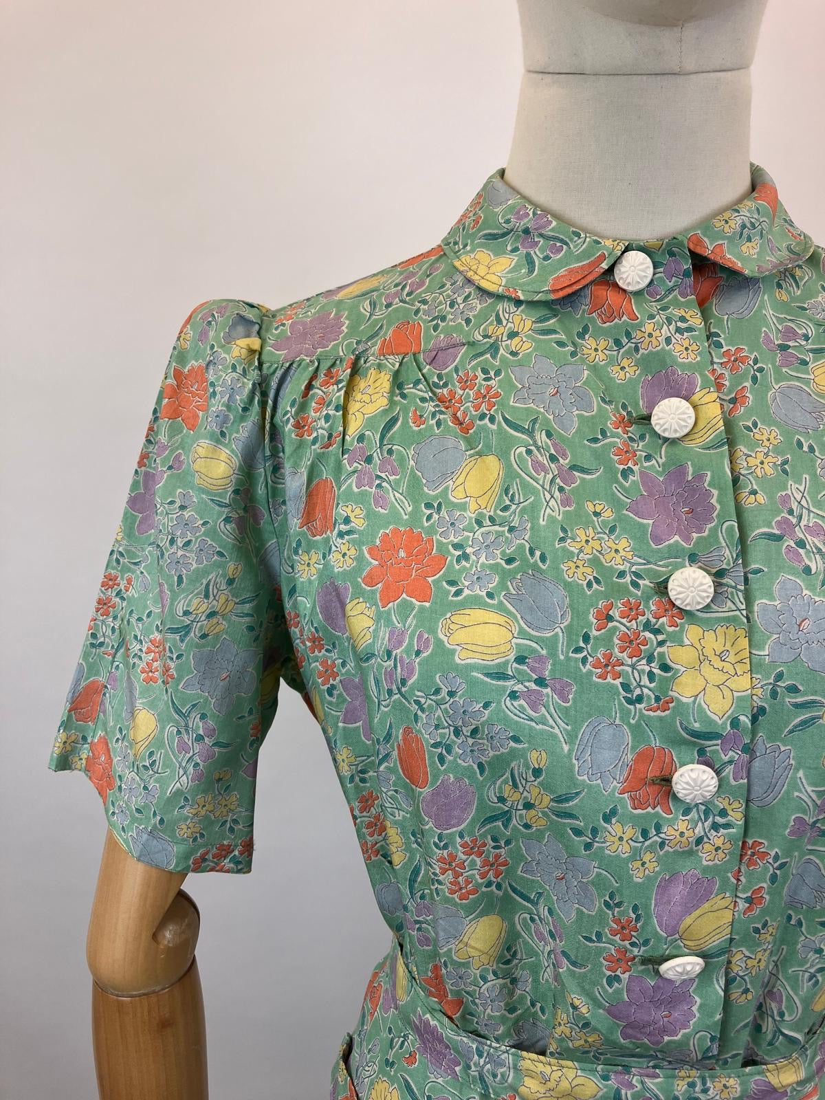 Original 1940's Silk pretty floral dress - in Celedon Green, Orange, Yellow, lilac and mauve