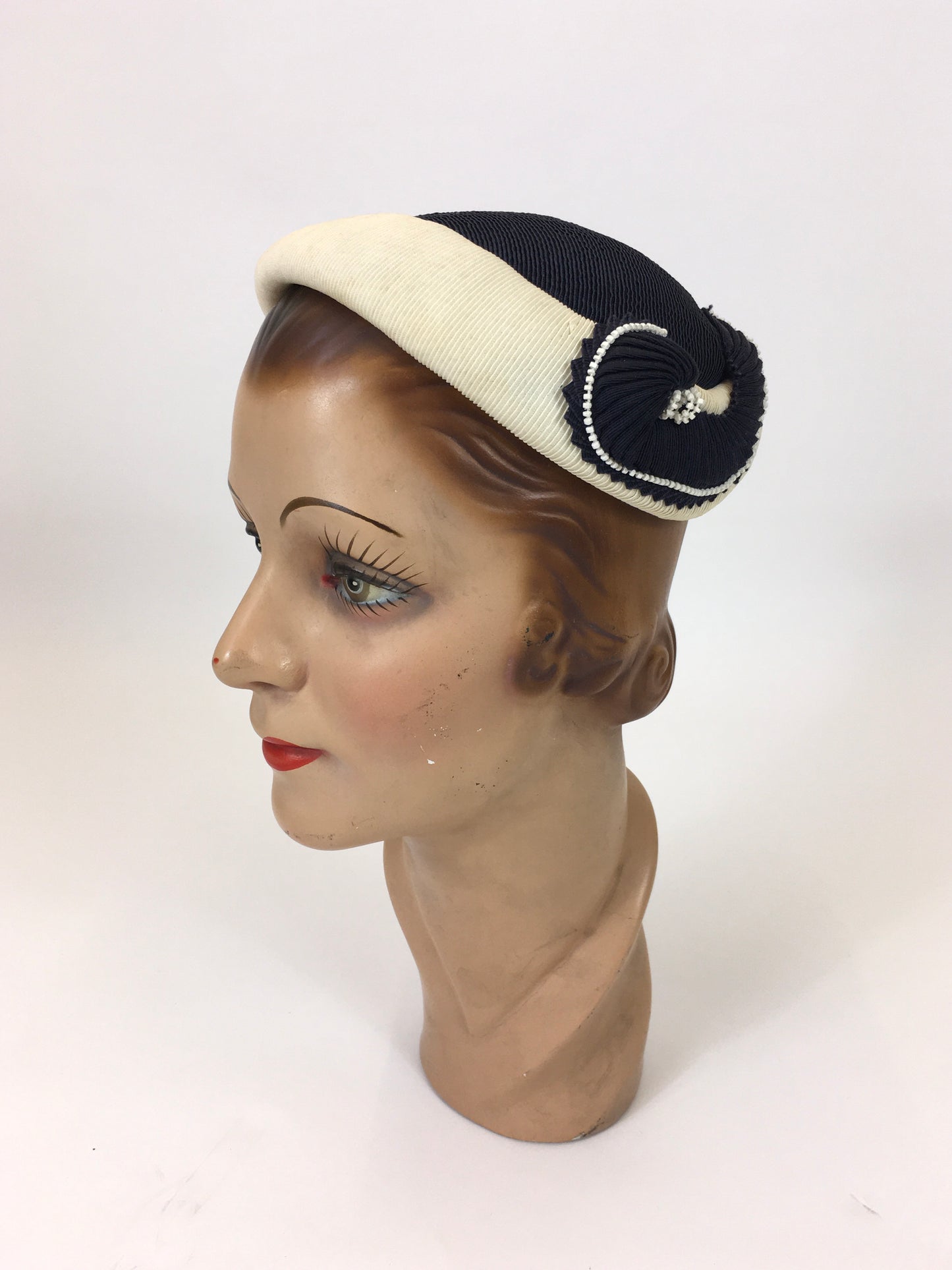 Original 1950's Classic Elegant Headpiece - In two tone Navy/Cream combination.