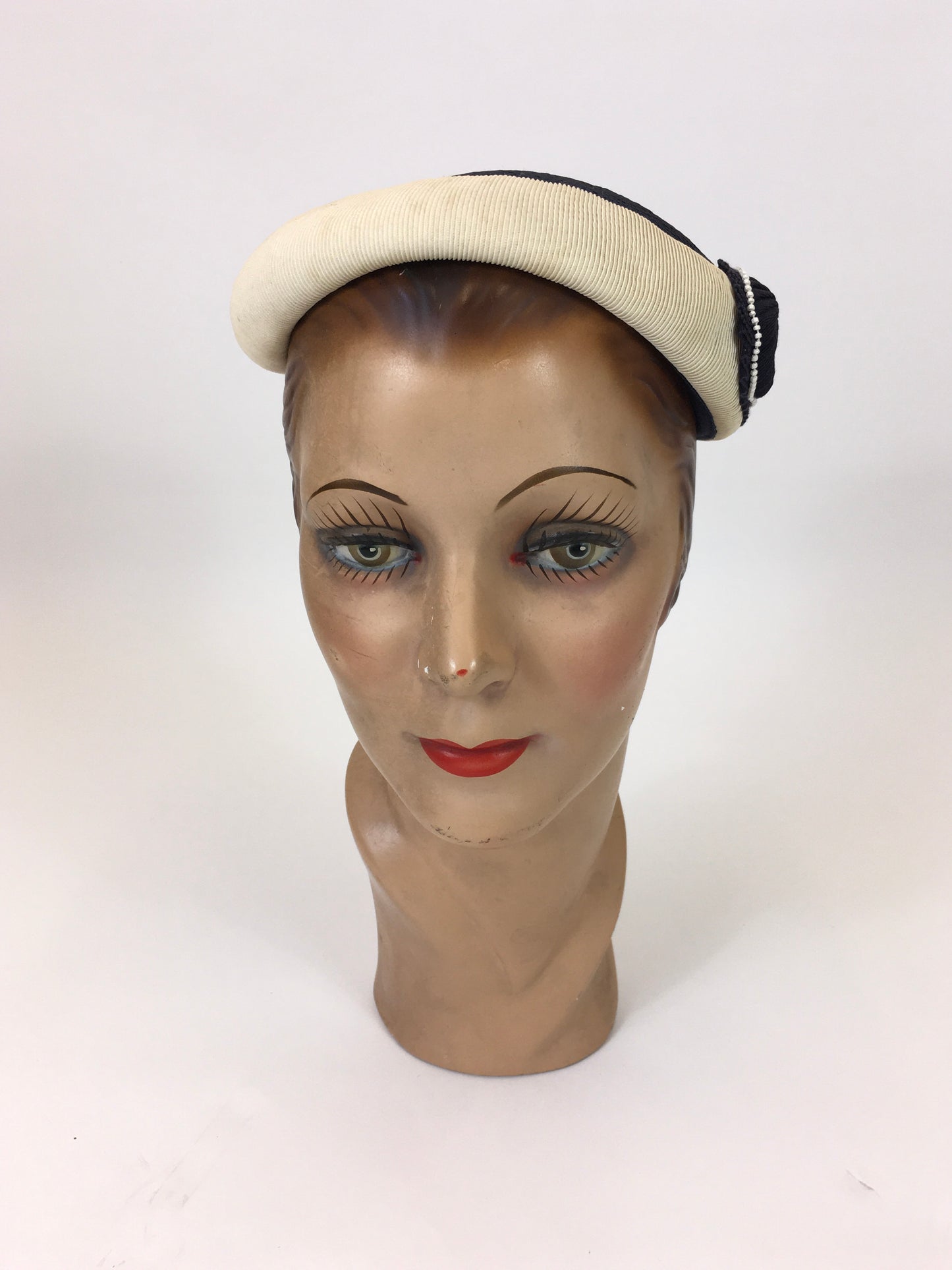 Original 1950's Classic Elegant Headpiece - In two tone Navy/Cream combination.