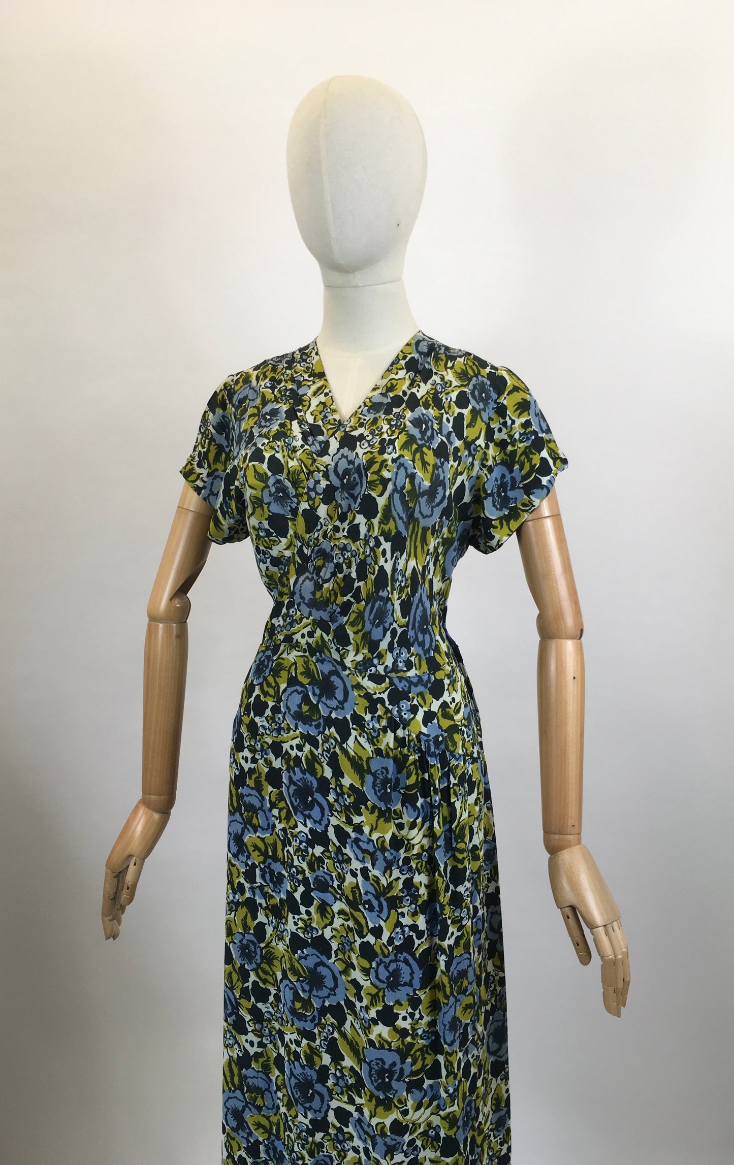 Original 1940's Beautiful Floral dress - in Chautreuse, Blue and Green florals.