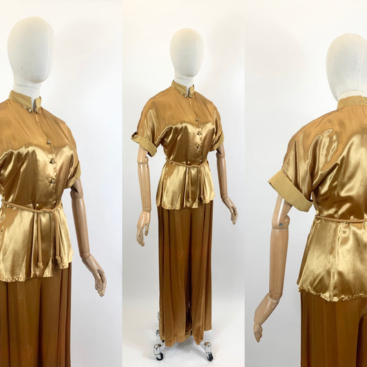 Original 1940's Sublime 3pc Pant Suit in an Old Gold Silk Rayon oozing Old Hollywood Glamour