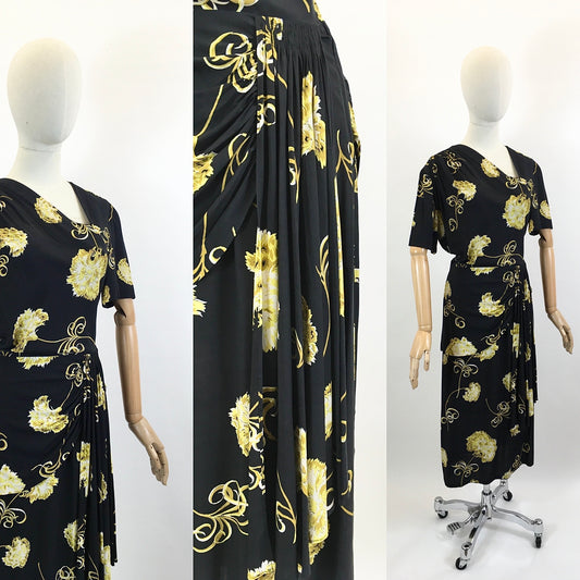 Original 1940's Stunning Floral Rayon dress in tonal golds and stencilled black