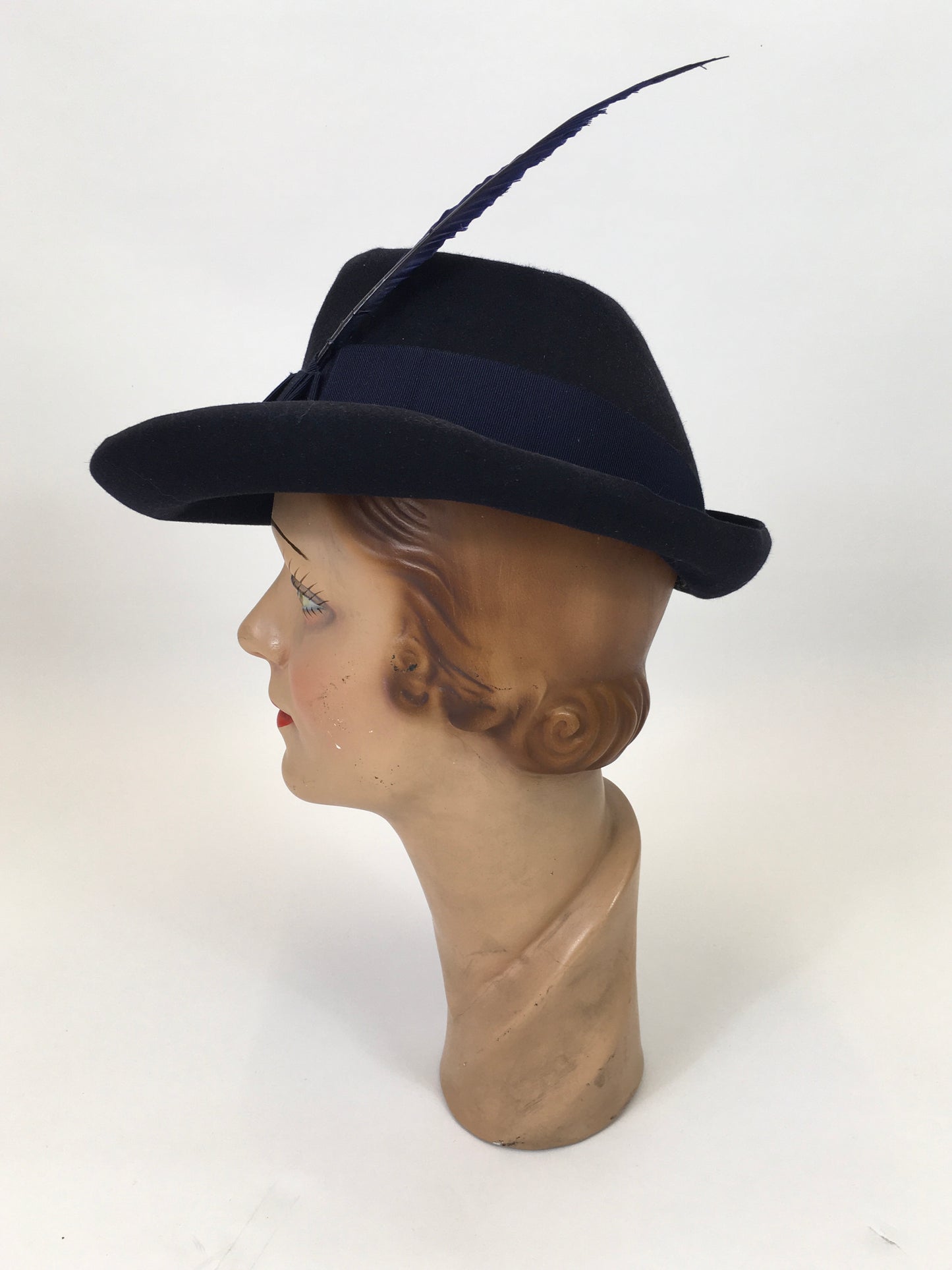 Original late 30's/ Early 40's  Stunning Fedora -  In a Deep Navy Felt with striking Blue Feather