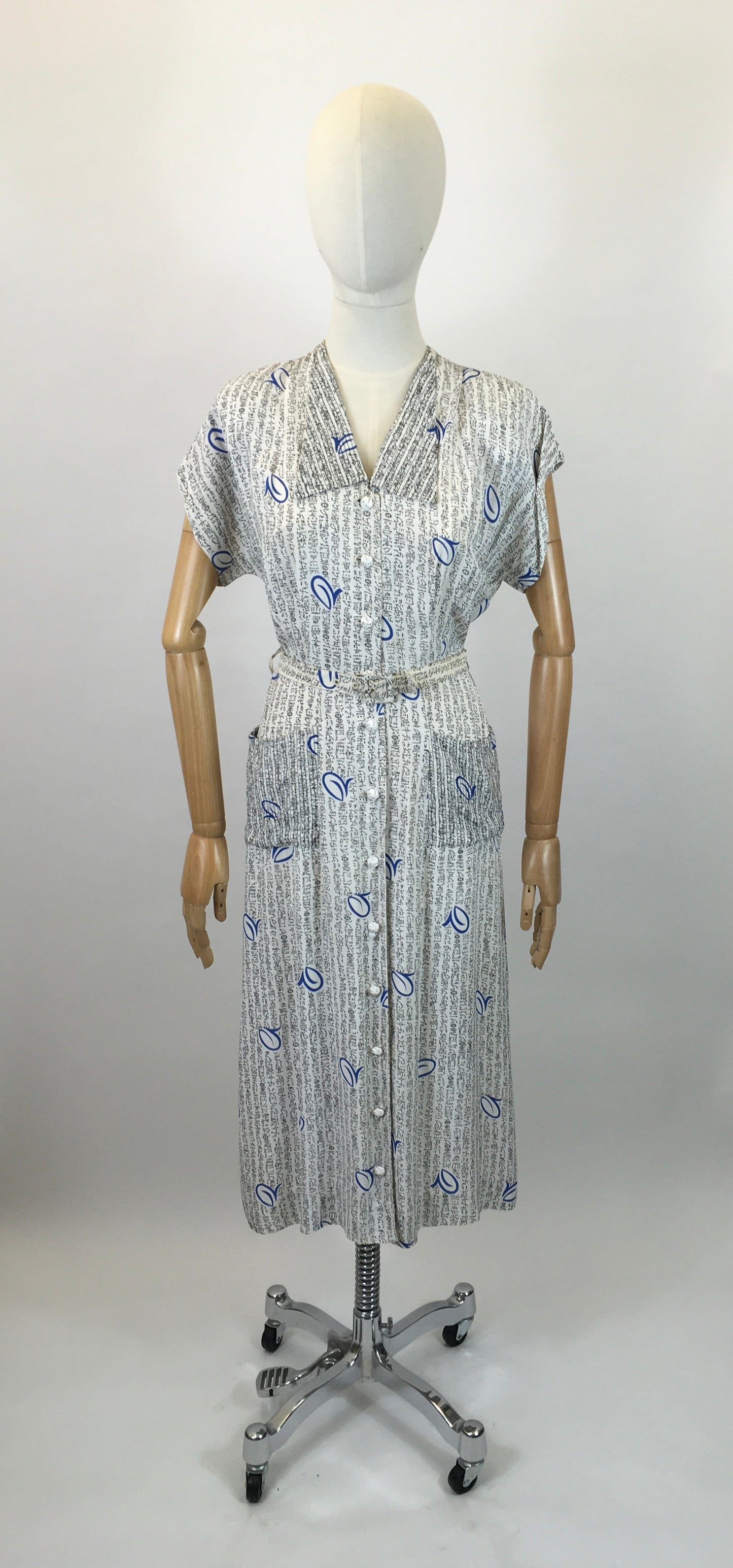 Original 1940's Stunning Novelty Silk print dress - With Aztec symbols in  Black and Vibrant Blue