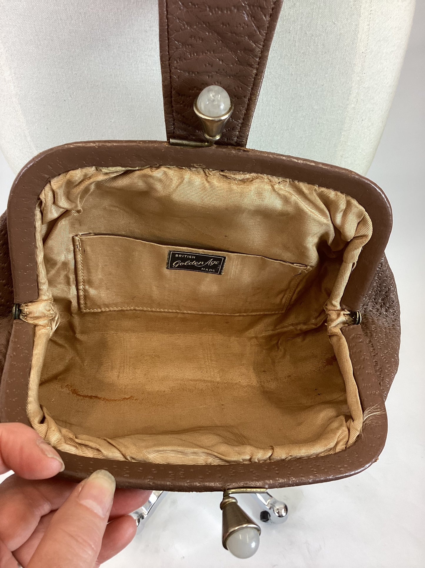 Original 40s/50s Ostrich leather handbag - in a pale mud brown shade