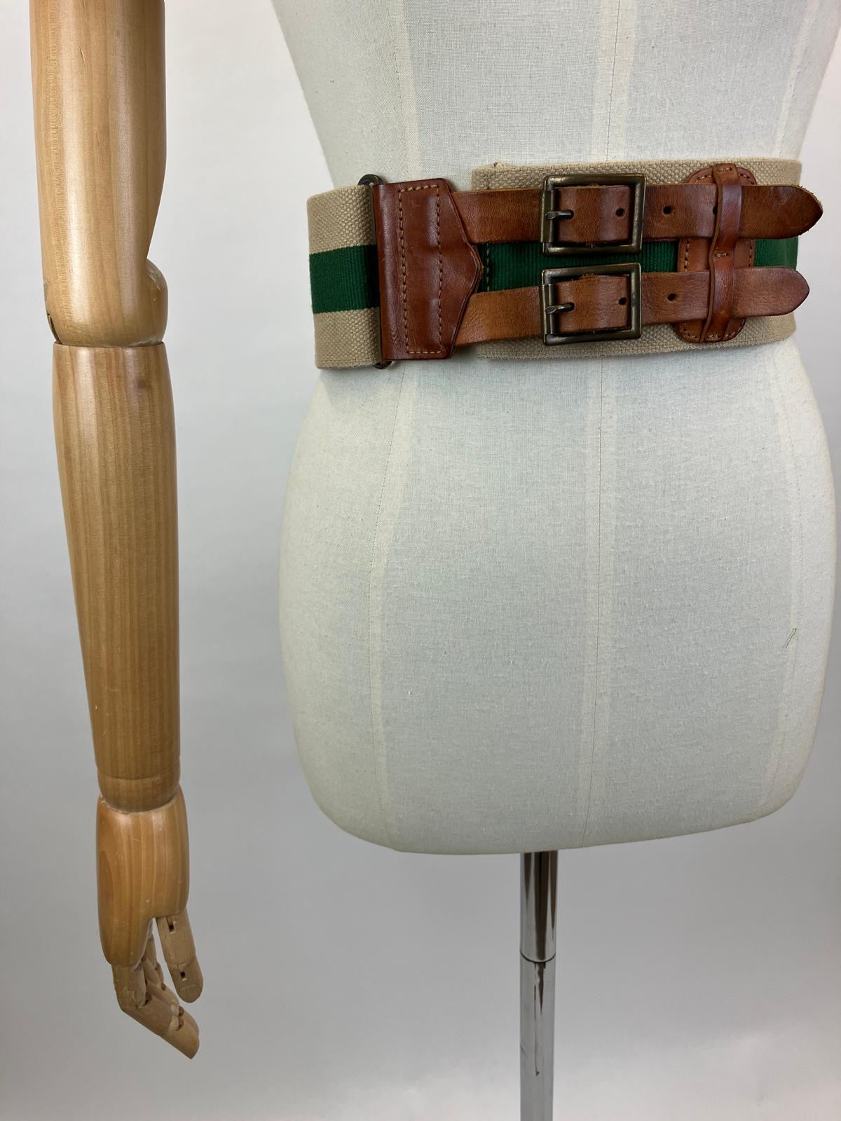 Original 30's/40's Canvas/ Leather Belt - Green and Natural