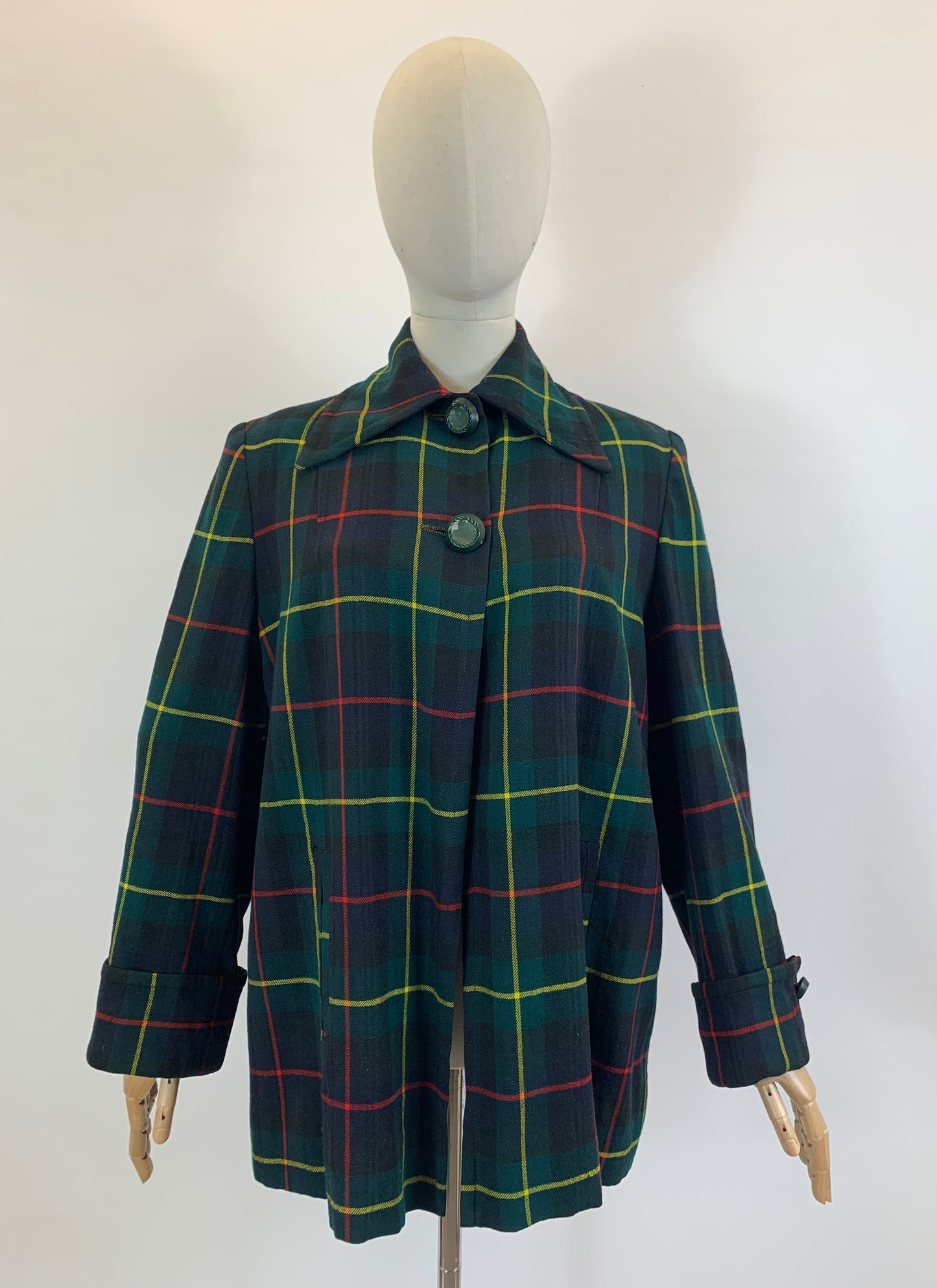 Original 1940’s Fabulous Plaid Swing Jacket - predominantly Green plaid with touches of Red and Yellow