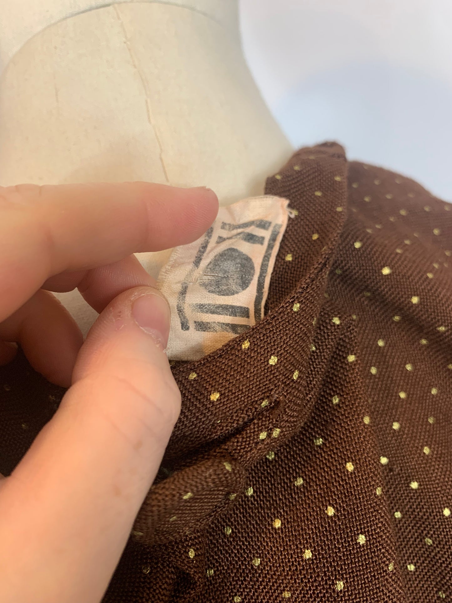 Original 1940s 11011 Double Eleven label dress - Cadbury Brown with Gold