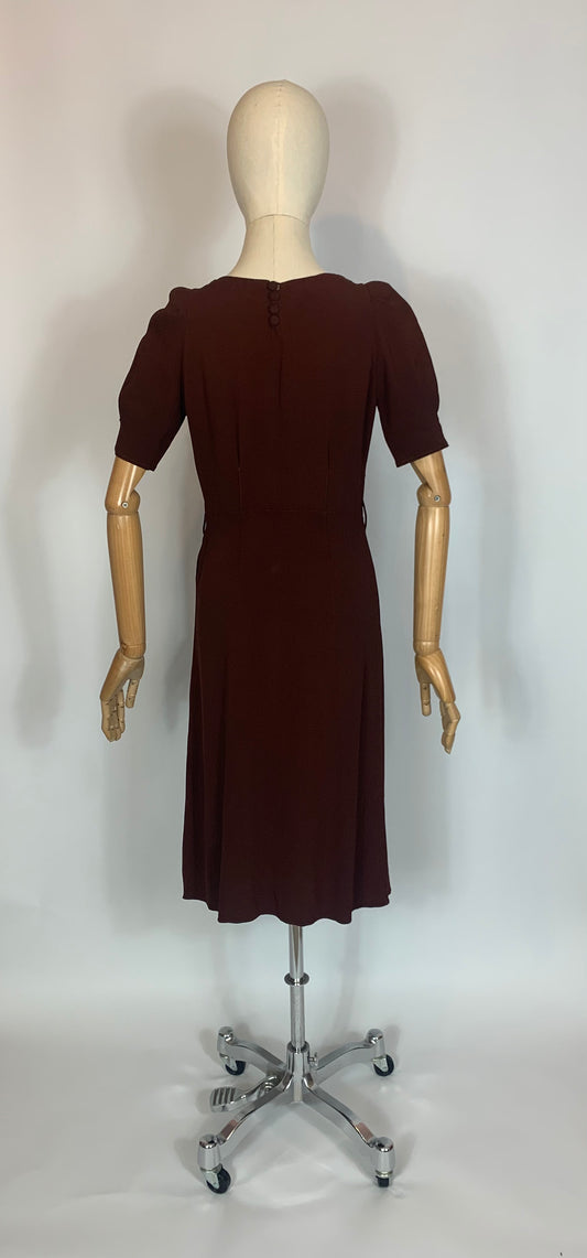 Original 1940’s Beautiful Crepe Dress with embroidery to neckline - Brown