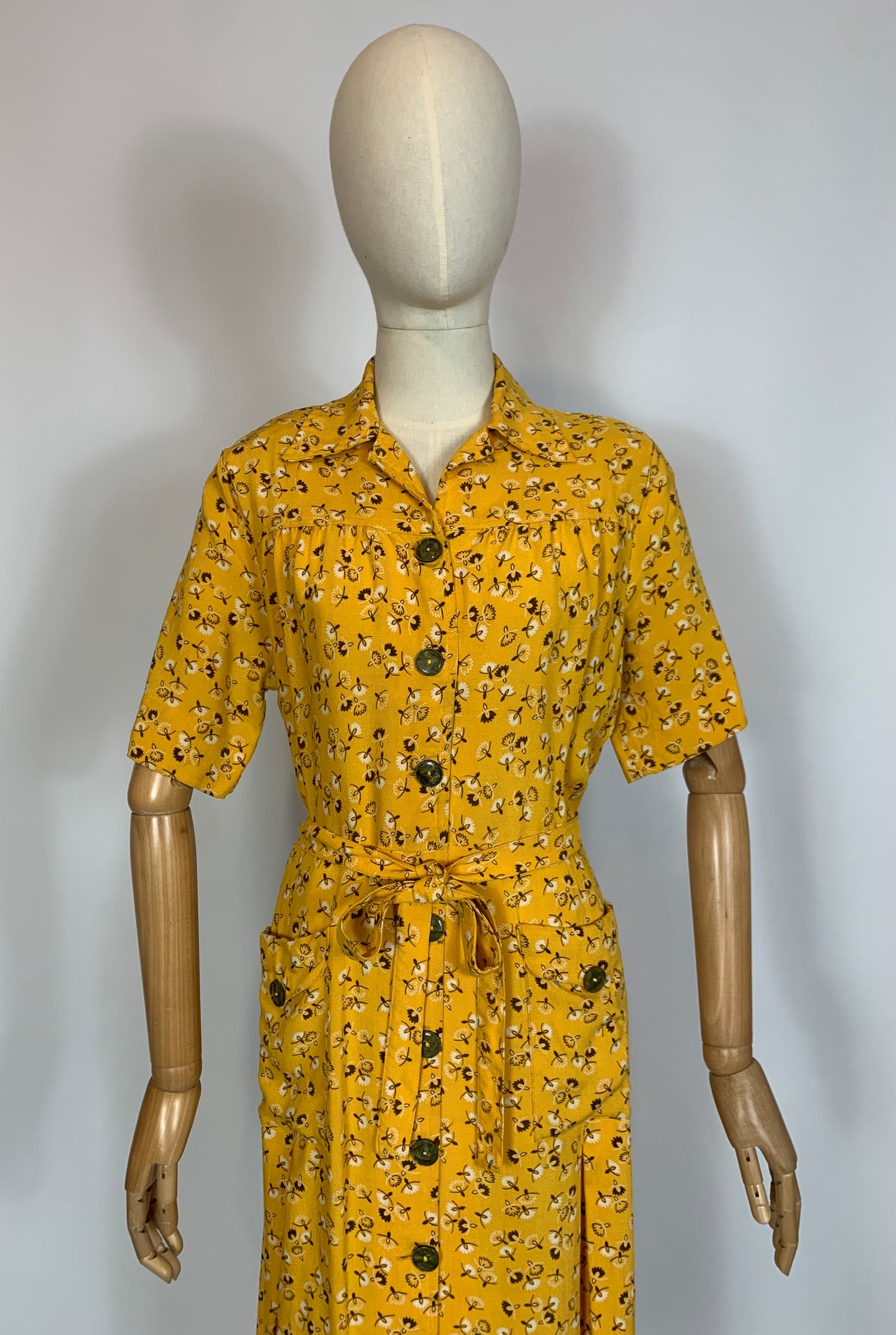 Original 1940’s Linen Day dress - Brown /Cream wishes on a Golden Yellow background.