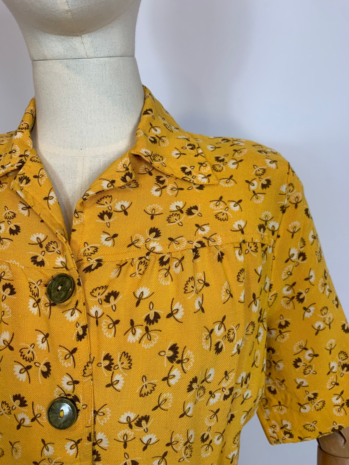 Original 1940’s Linen Day dress - Brown /Cream wishes on a Golden Yellow background.