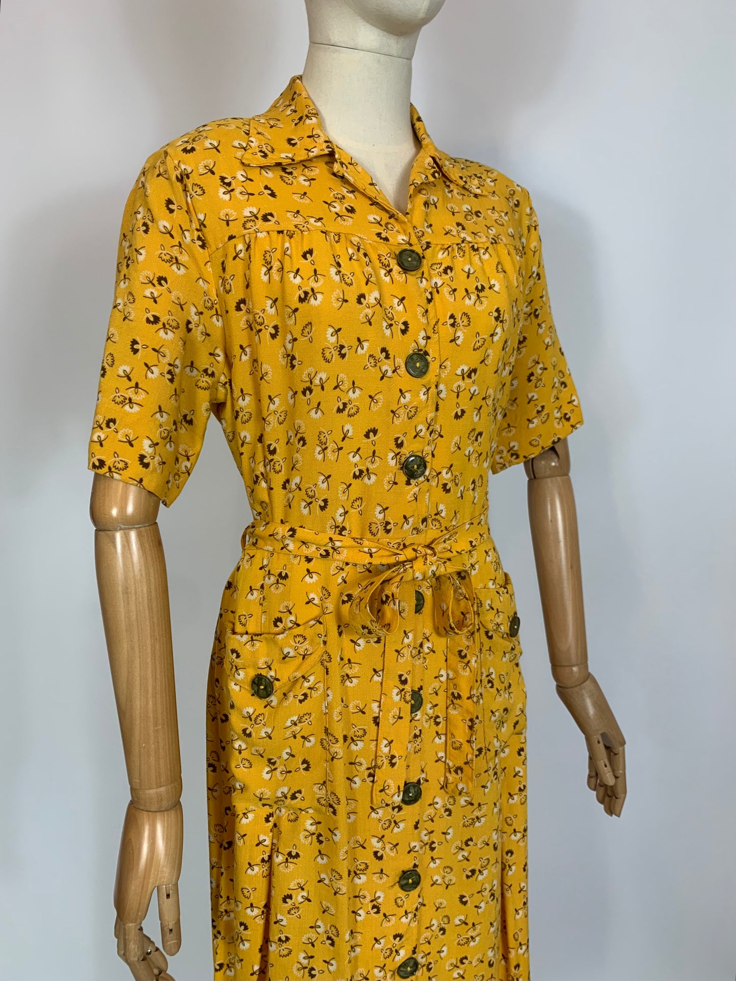 Original 1940’s Linen Day dress - Brown /Cream wishes on a Golden Yellow background.