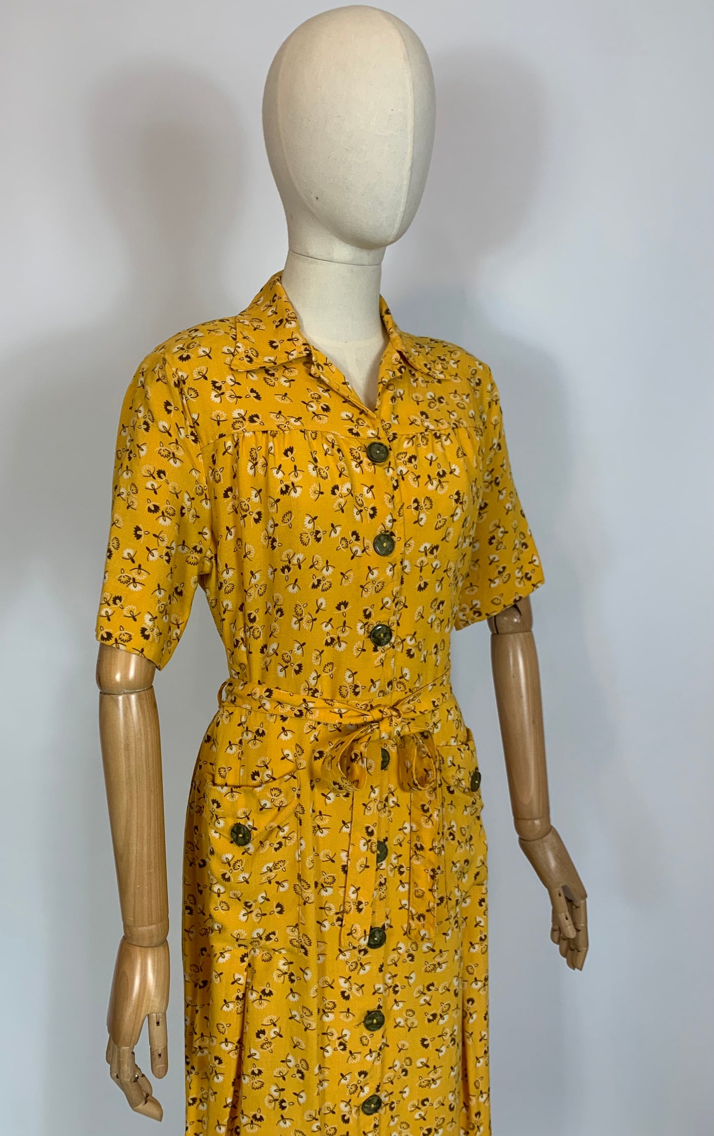 Original 1940’s Linen Day dress - Brown /Cream wishes on a Golden Yellow background.
