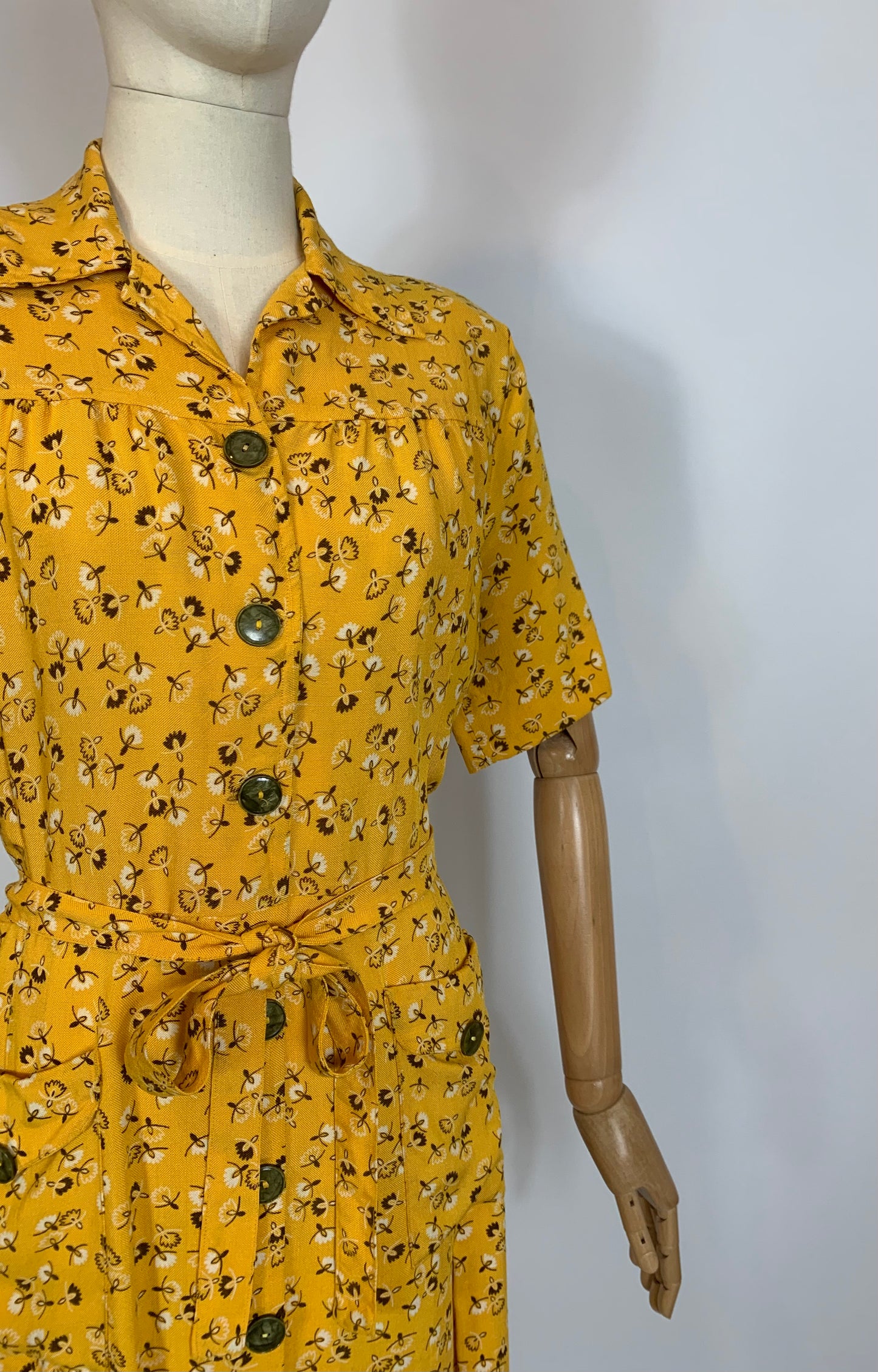 Original 1940’s Linen Day dress - Brown /Cream wishes on a Golden Yellow background.