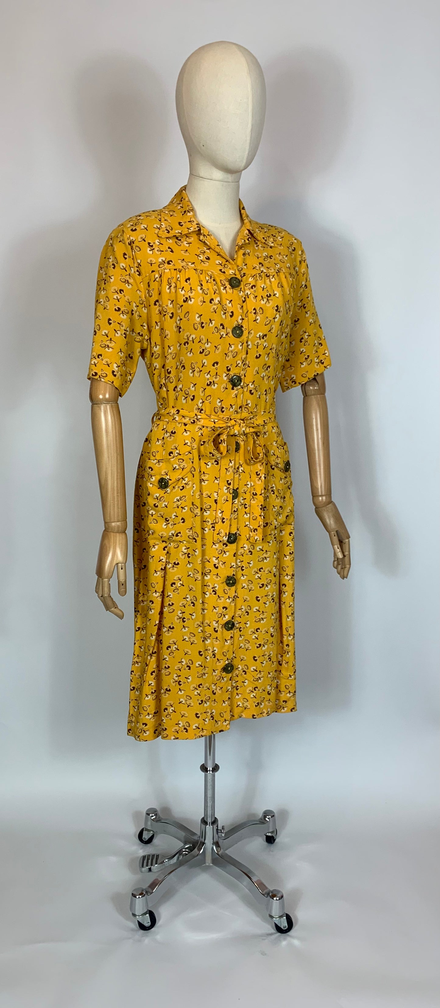 Original 1940’s Linen Day dress - Brown /Cream wishes on a Golden Yellow background.