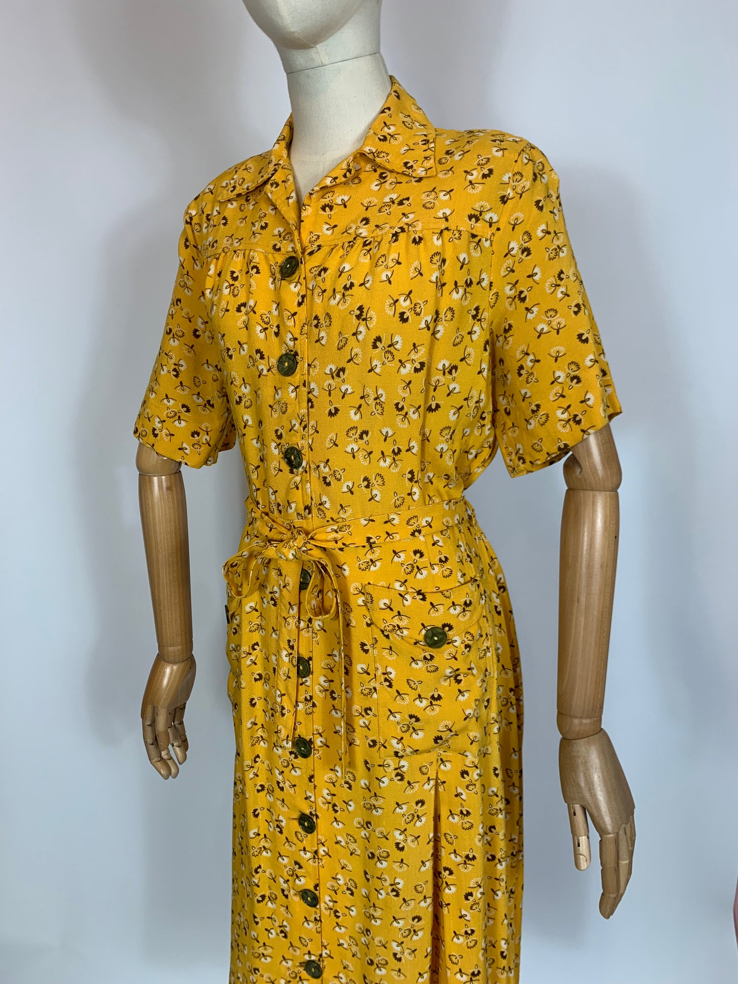 Original 1940’s Linen Day dress - Brown /Cream wishes on a Golden Yellow background.