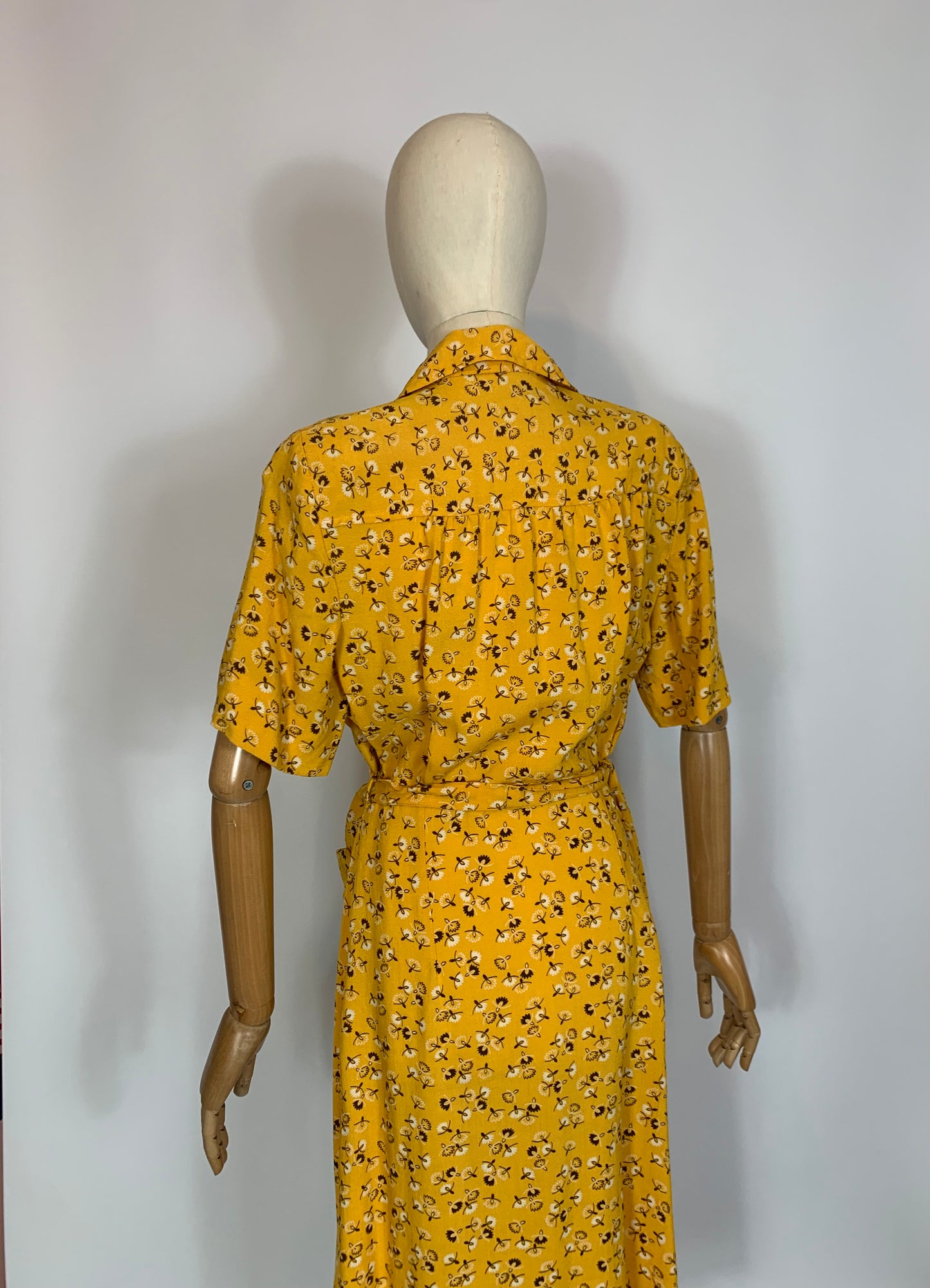 Original 1940’s Linen Day dress - Brown /Cream wishes on a Golden Yellow background.