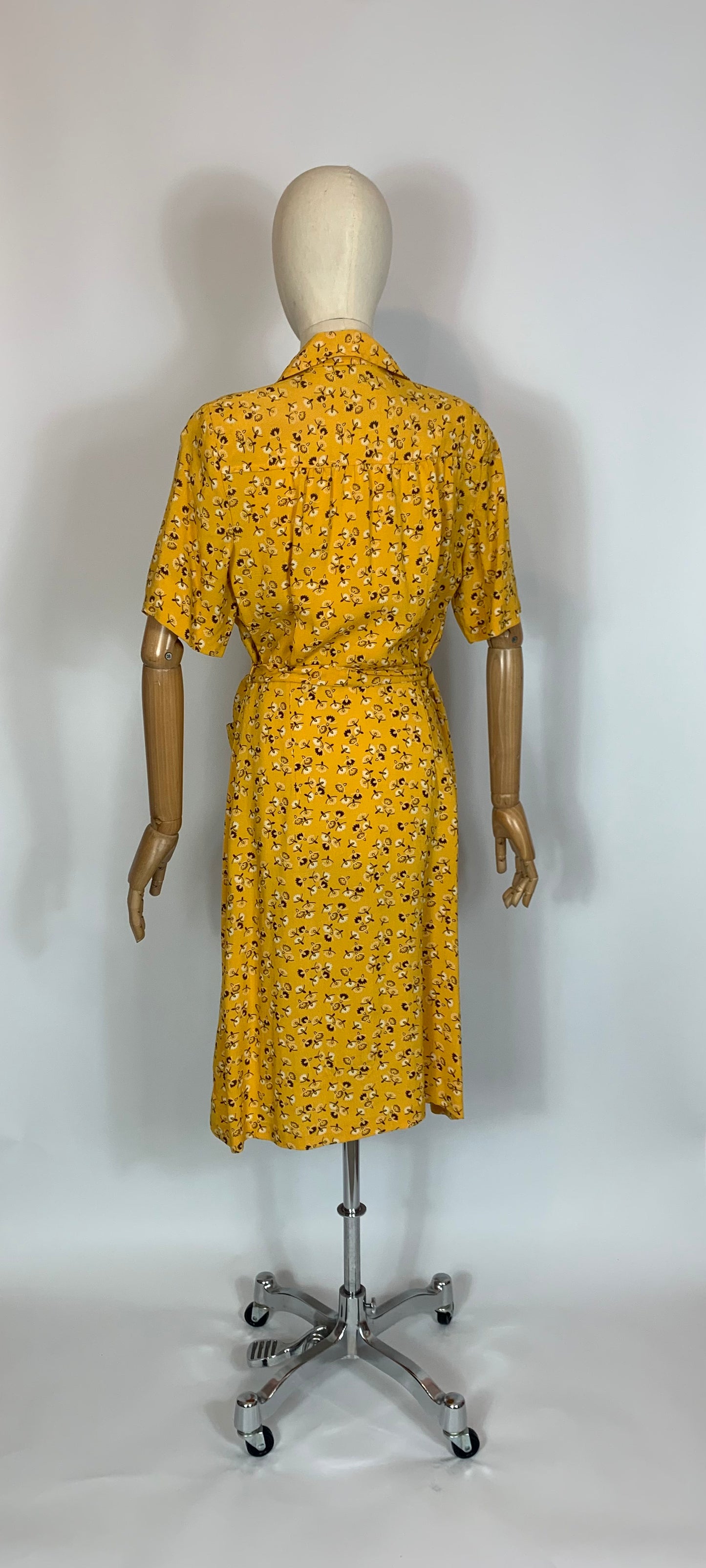 Original 1940’s Linen Day dress - Brown /Cream wishes on a Golden Yellow background.