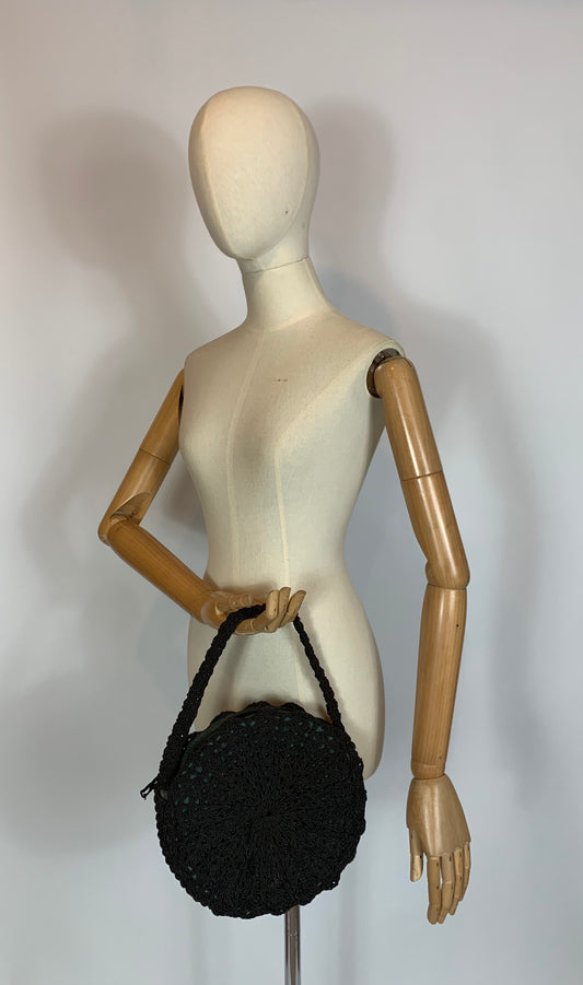 Original 1940’s Crochet Circular Handbag - Very Dark Brown