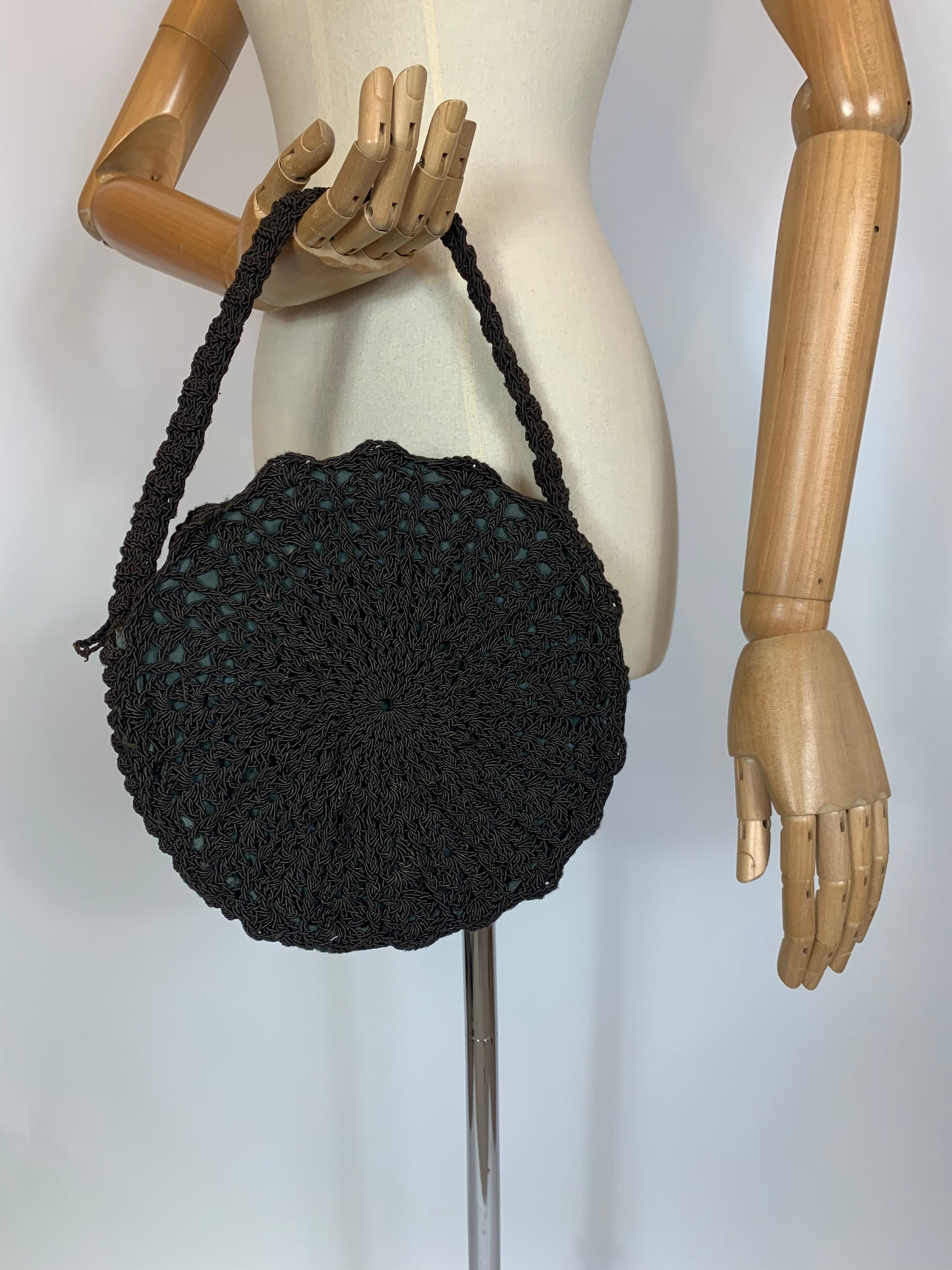 Original 1940’s Crochet Circular Handbag - Very Dark Brown