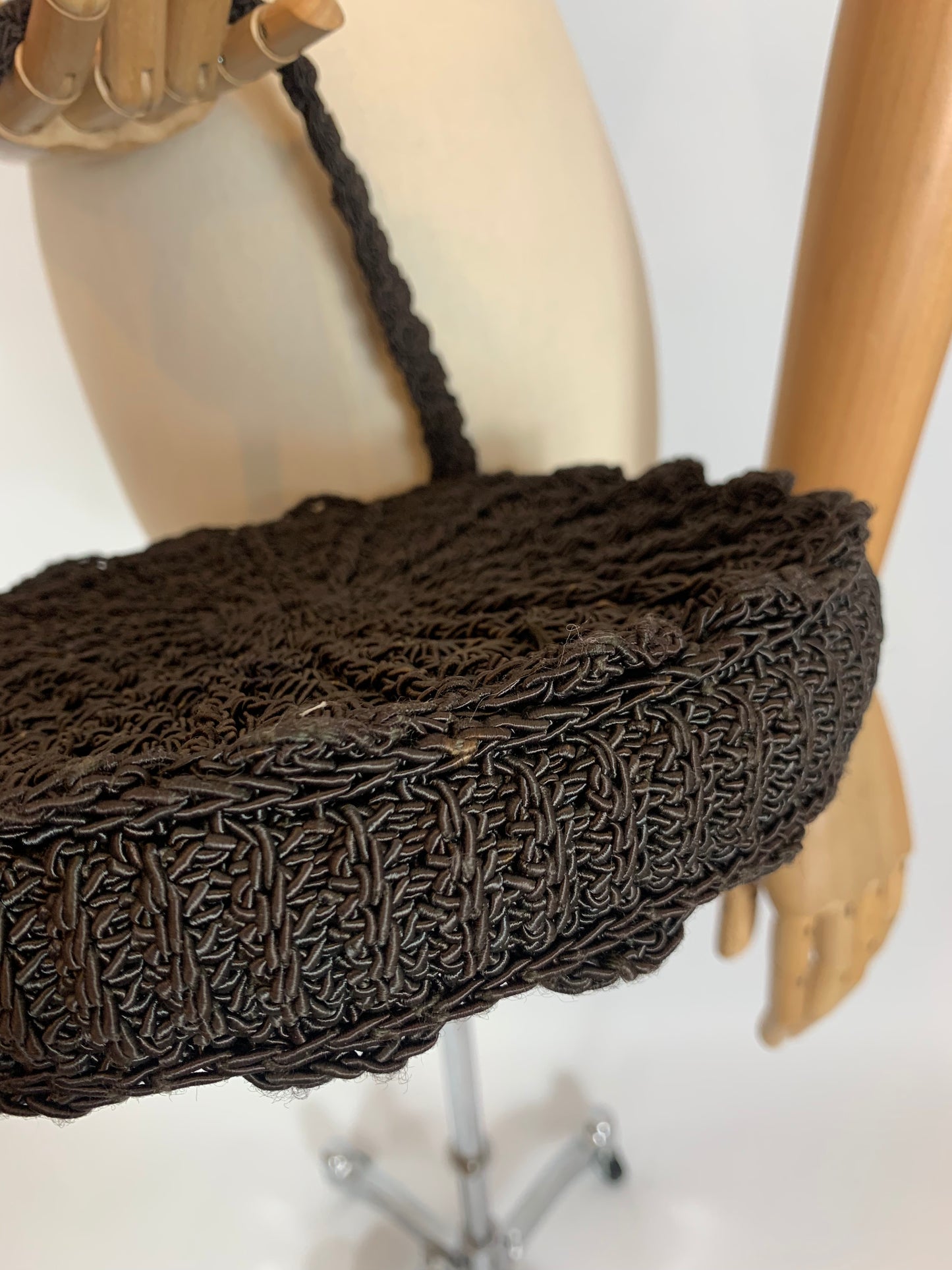 Original 1940’s Crochet Circular Handbag - Very Dark Brown
