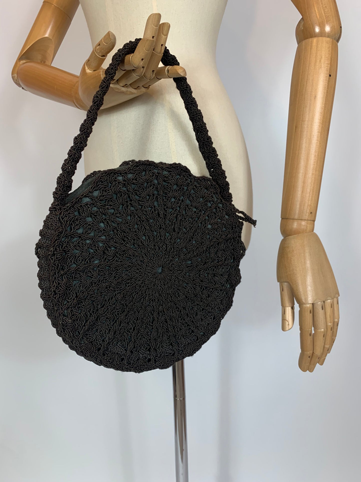 Original 1940’s Crochet Circular Handbag - Very Dark Brown