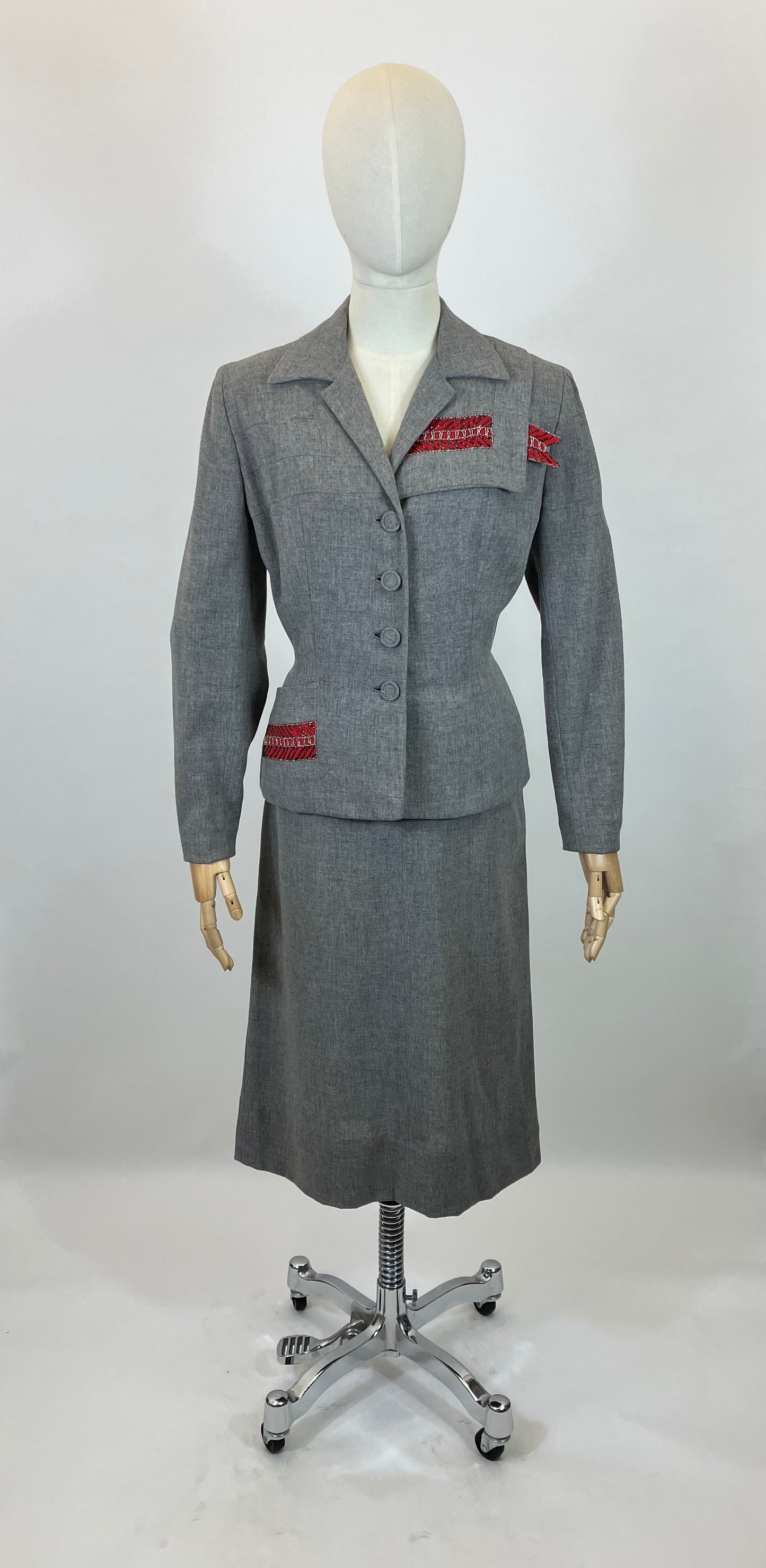 Original 1940’s Fabulous 2pc suit - in Grey with Red accent detailing