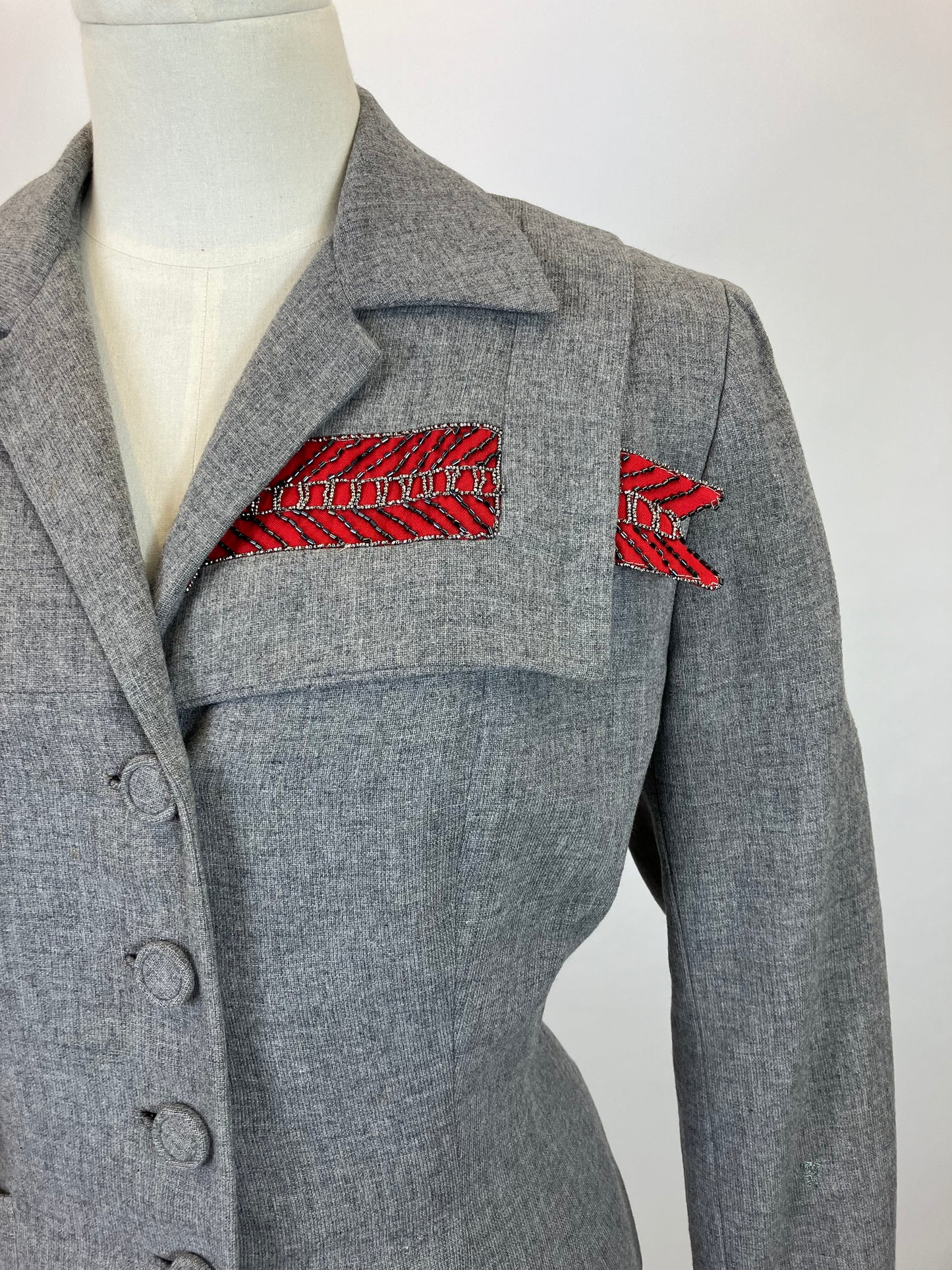 Original 1940’s Fabulous 2pc suit - in Grey with Red accent detailing