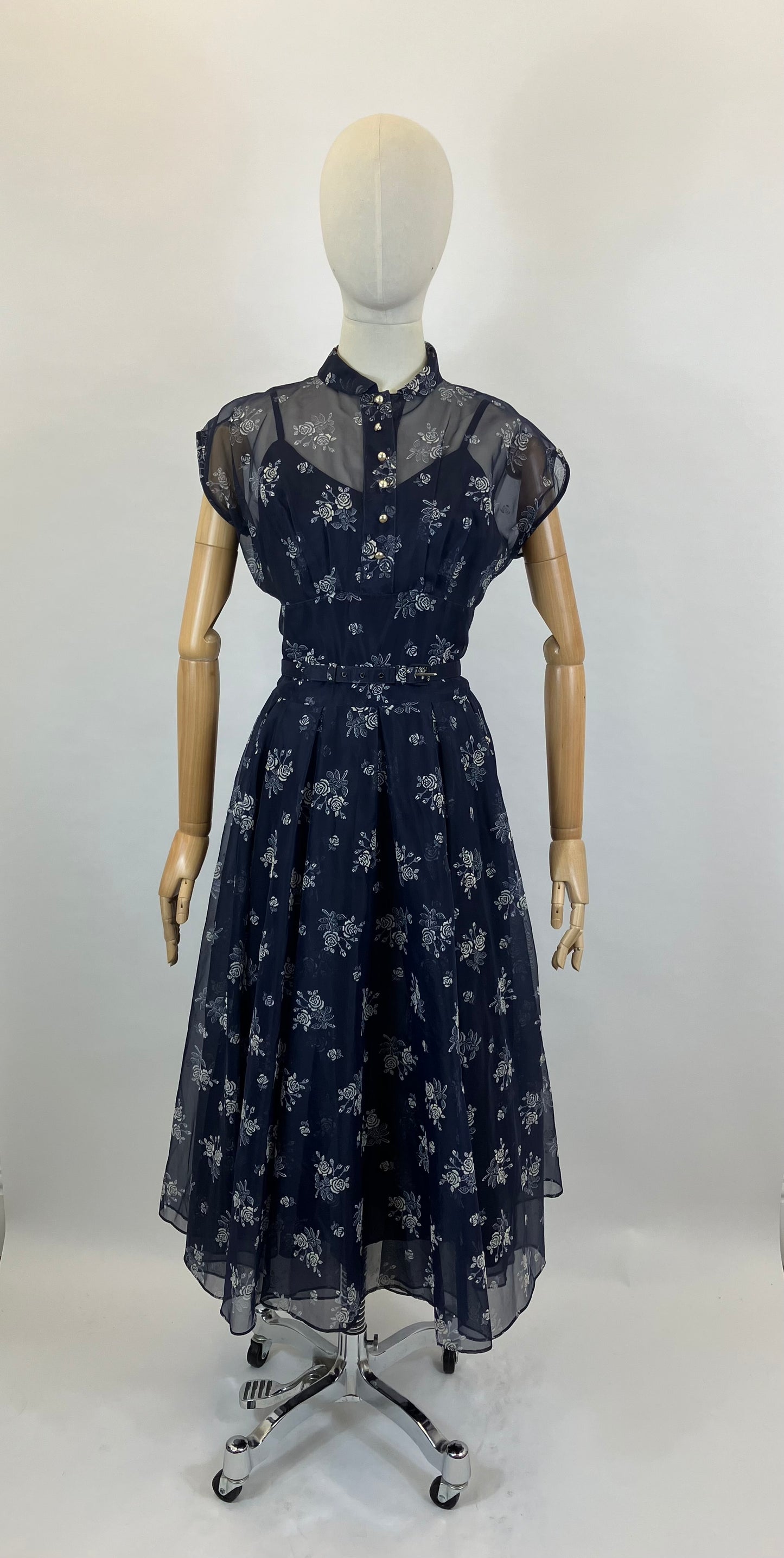 Original 1950's Beautiful Sheer Dress - in Navy and White