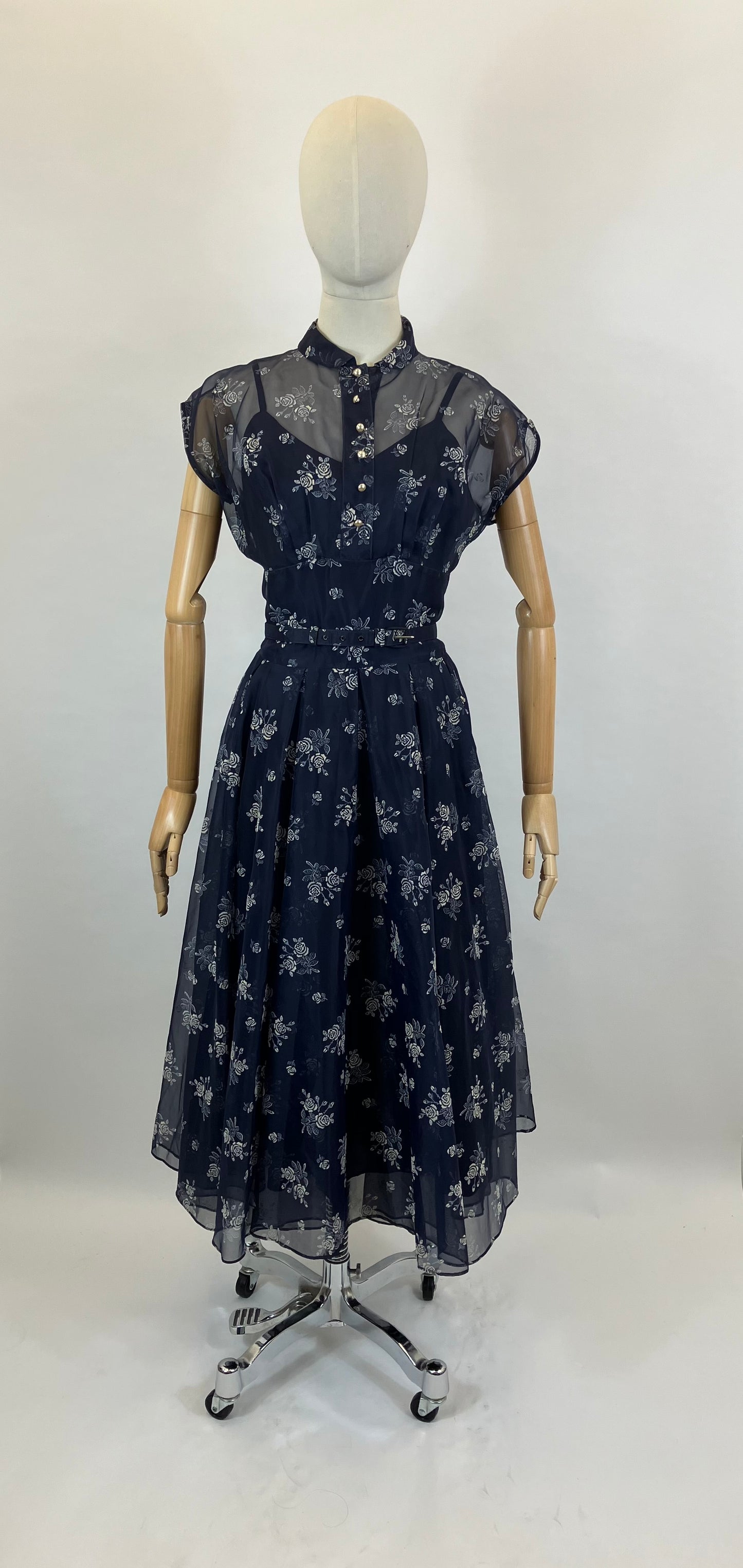 Original 1950's Beautiful Sheer Dress - in Navy and White