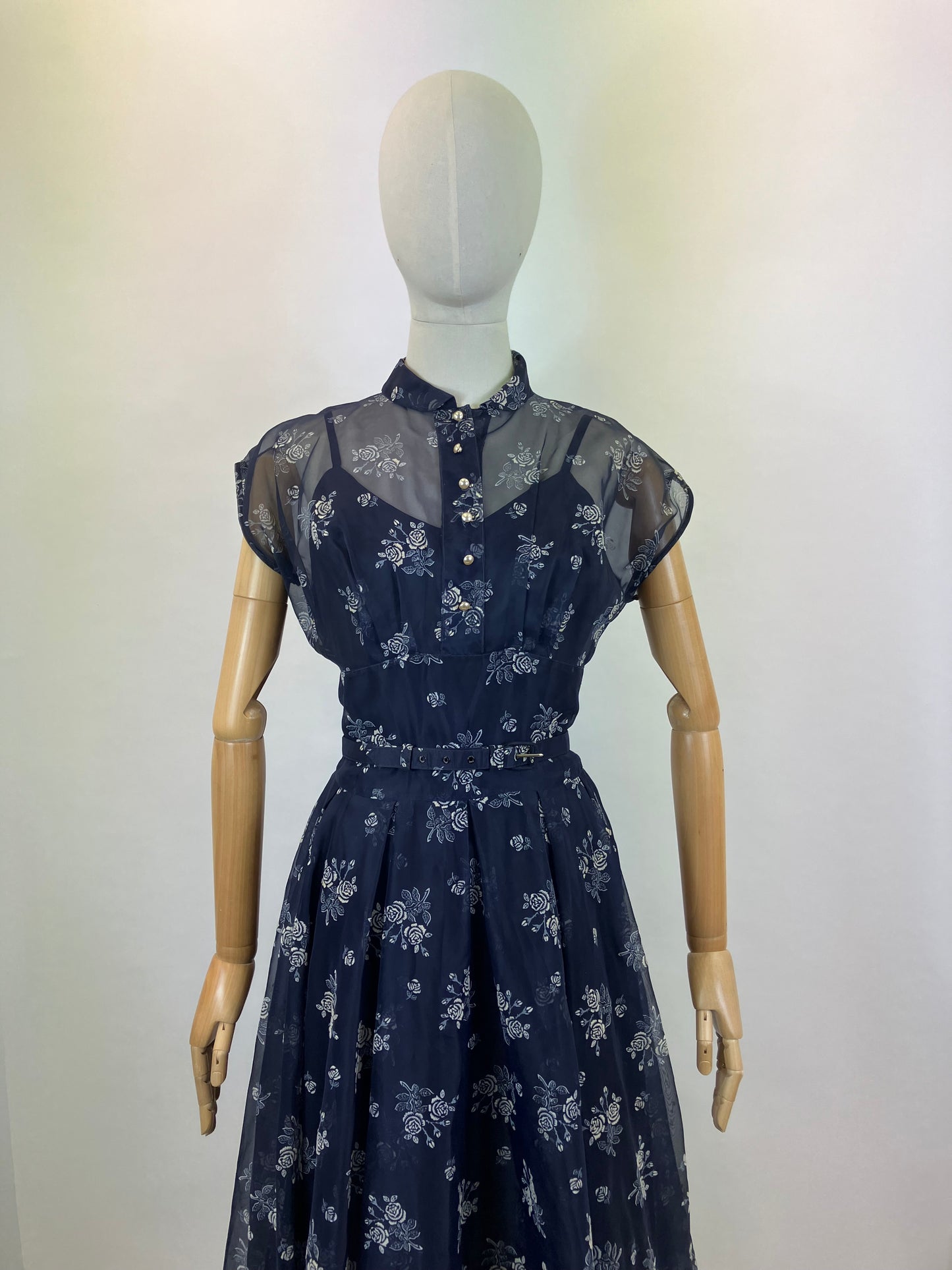 Original 1950's Beautiful Sheer Dress - in Navy and White