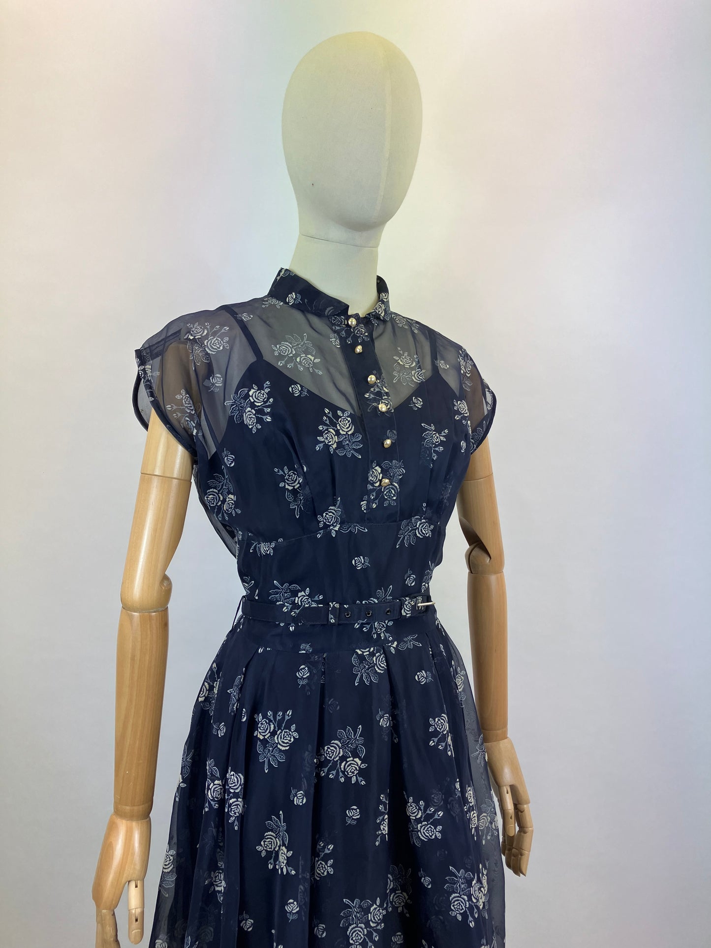 Original 1950's Beautiful Sheer Dress - in Navy and White