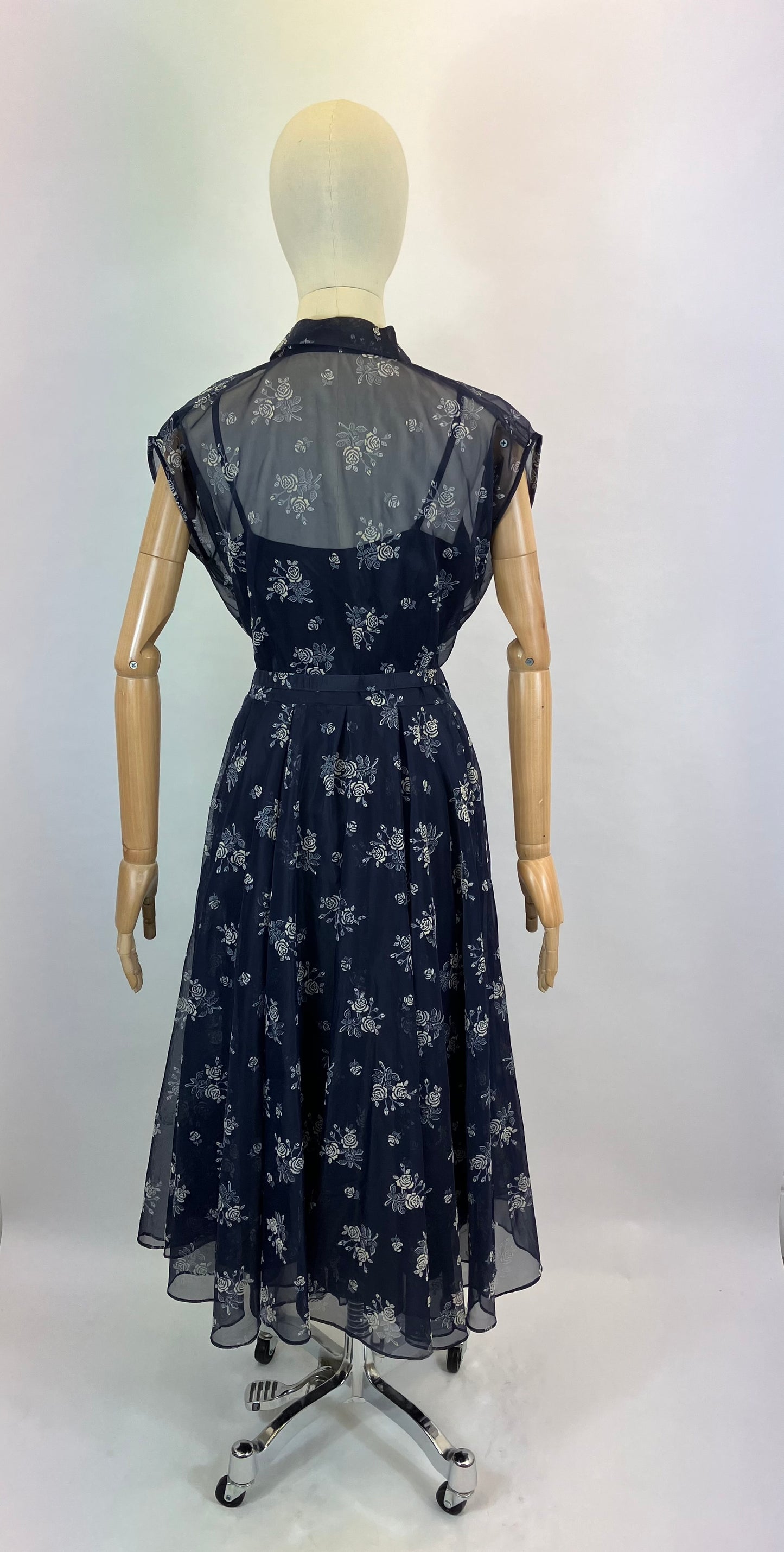 Original 1950's Beautiful Sheer Dress - in Navy and White