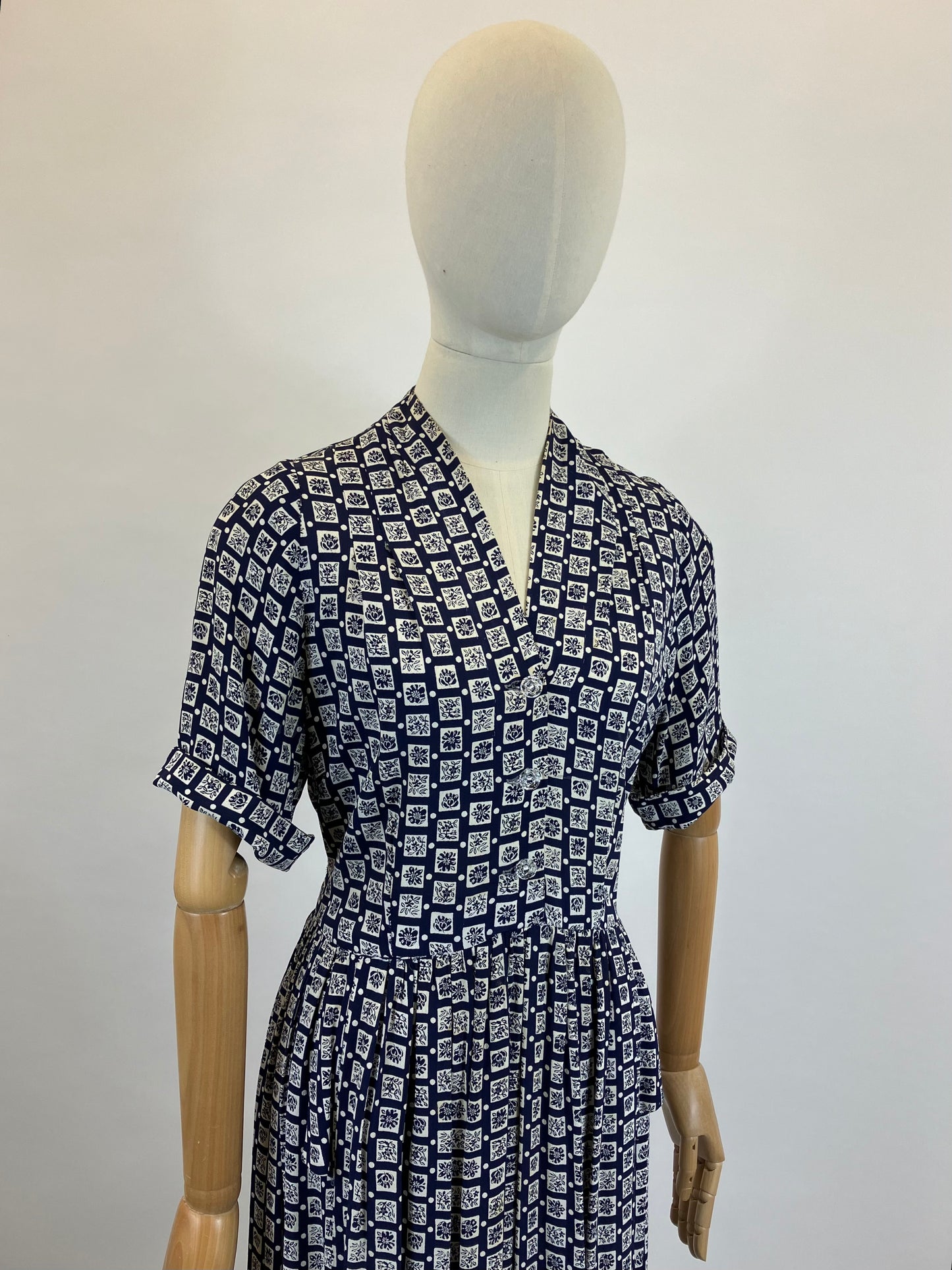 Original CC41 1940's Crepe Dress - in Navy and White