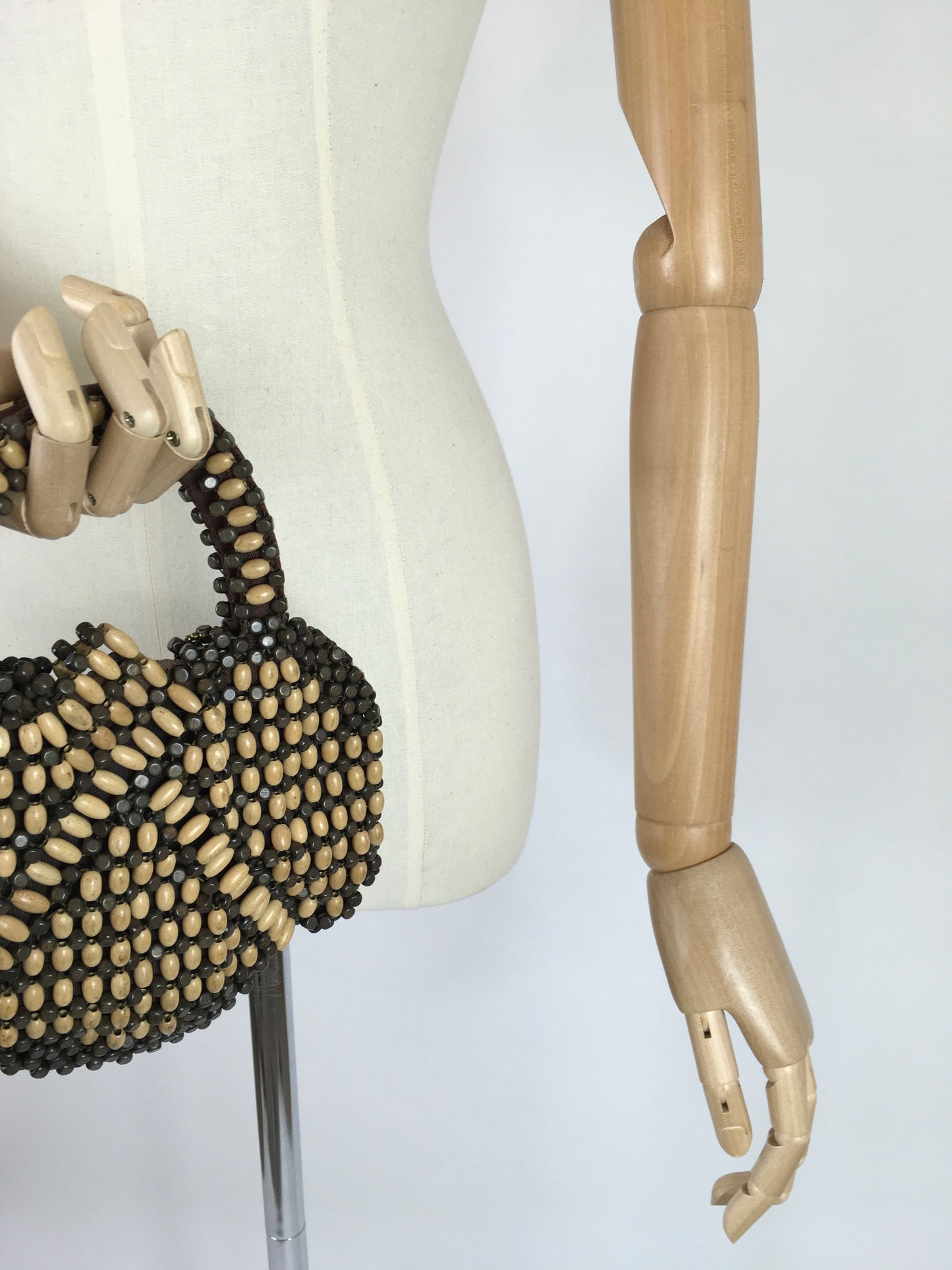 Original 1940’s Wooden Beaded Bag - In 2 Tone Brown Wooden Beads