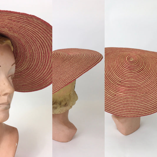 Original 1940’s Wide Straw Sun Hat - In A Beautiful Red & Natural Straw