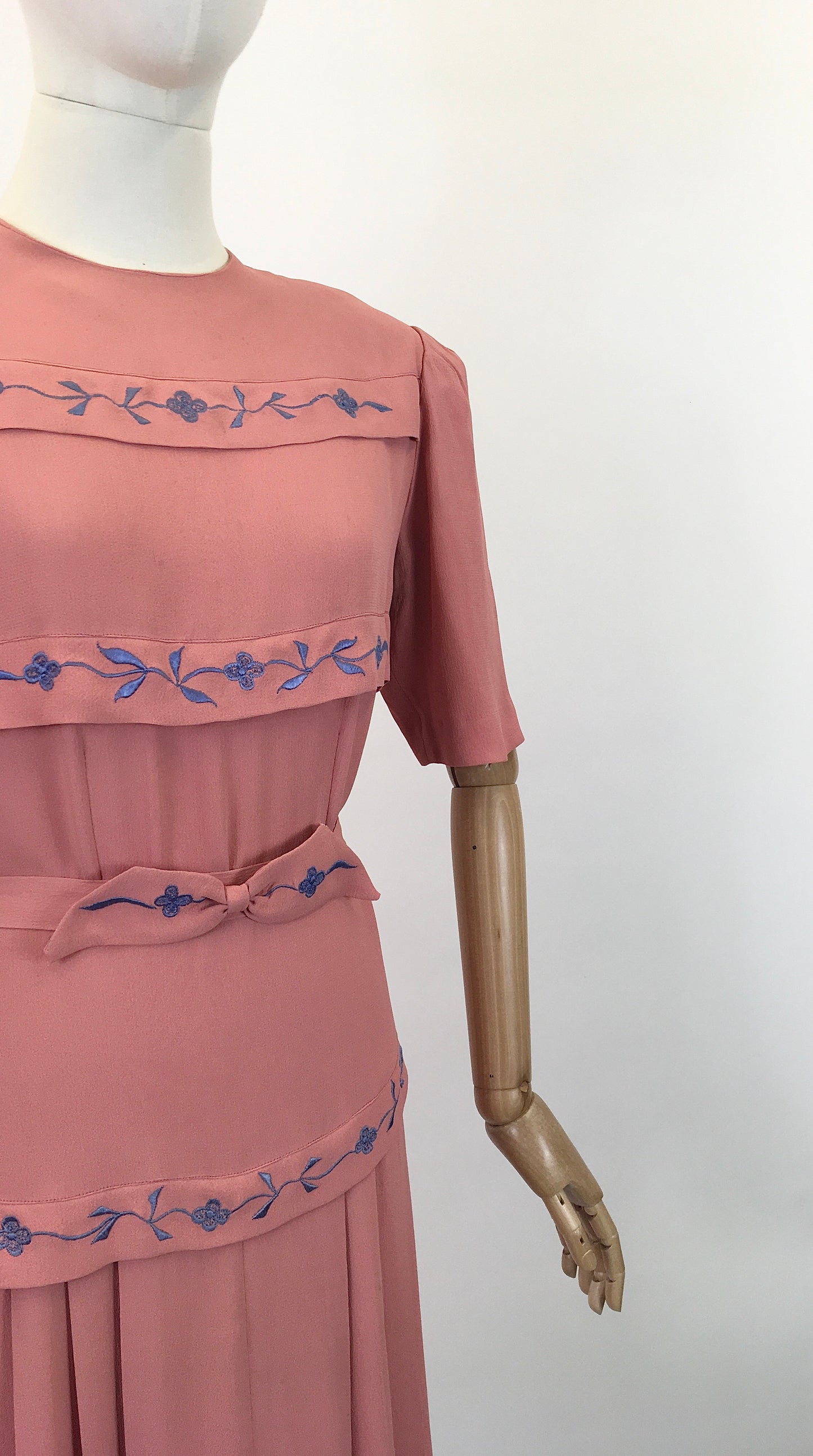 Original 1940's Stunning Blush Crepe Dress with Embroidered Details in Forget Me Not Blue - ' A Frederick Gown Label'