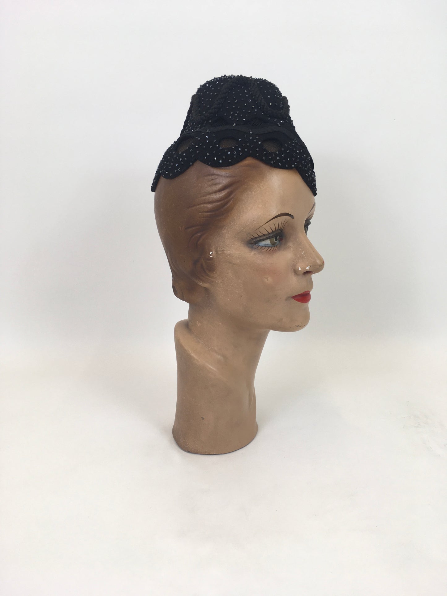 Original 1950's Fabulous Black Tilt hat - With Bugle Bead, Ric Rac and Netting Embellishment